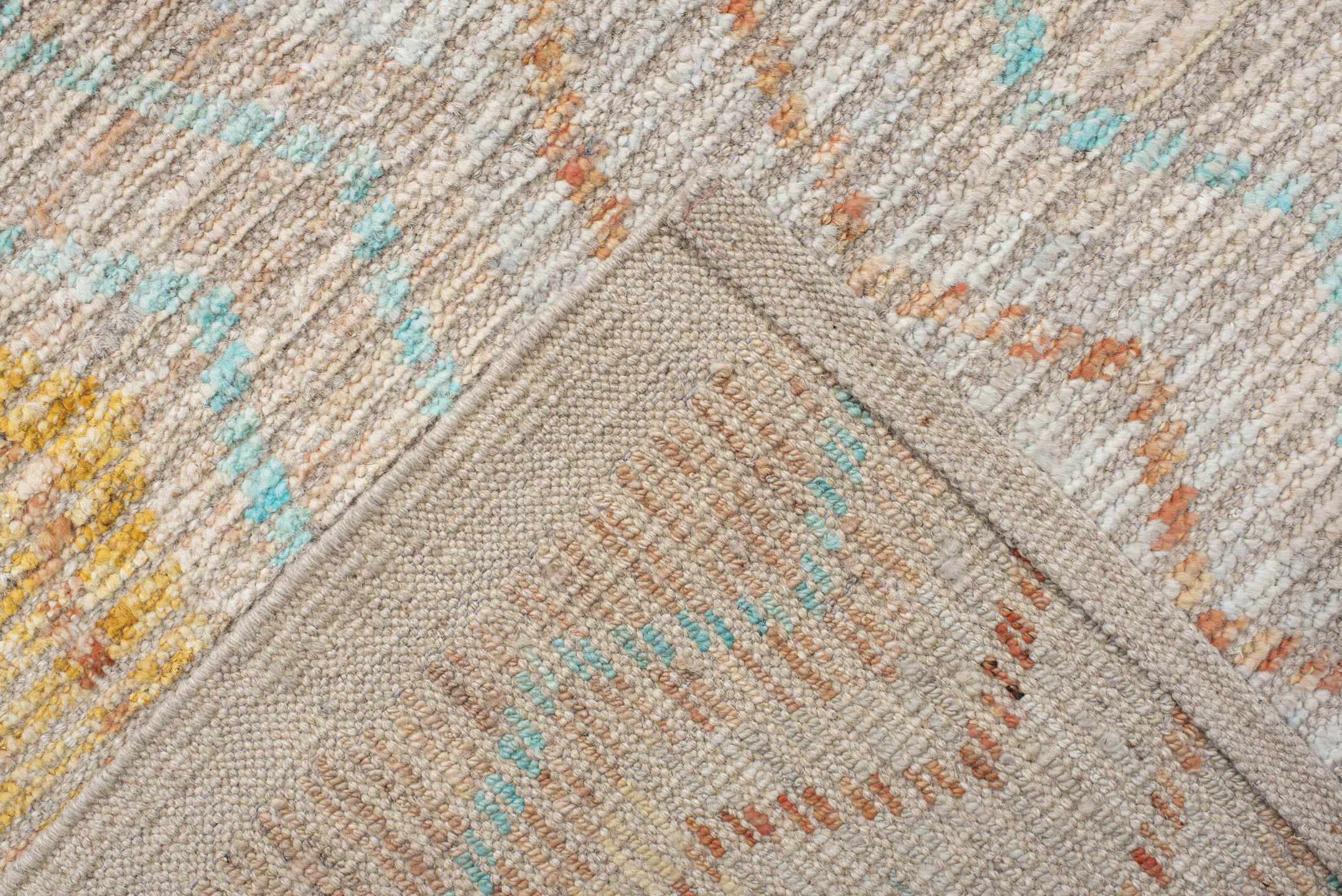 10' x 13' one-of-a-kind handmade vintage Tulu large size rug. Color palette: ivory, aqua, pale gold, peach, lavender, taupe