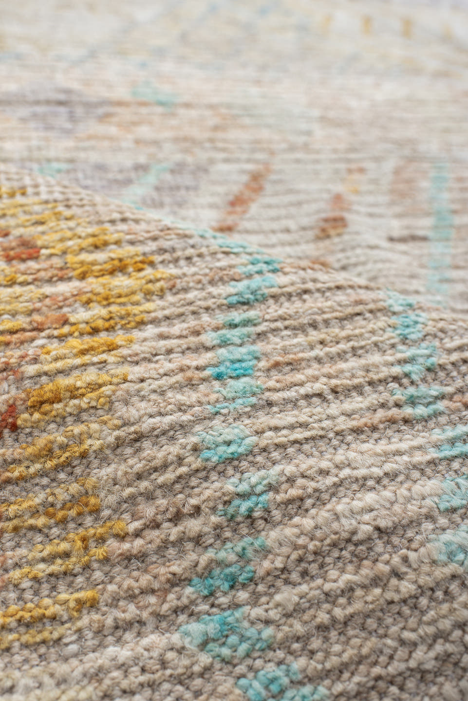 10' x 13' one-of-a-kind handmade vintage Tulu large size rug. Color palette: ivory, aqua, pale gold, peach, lavender, taupe