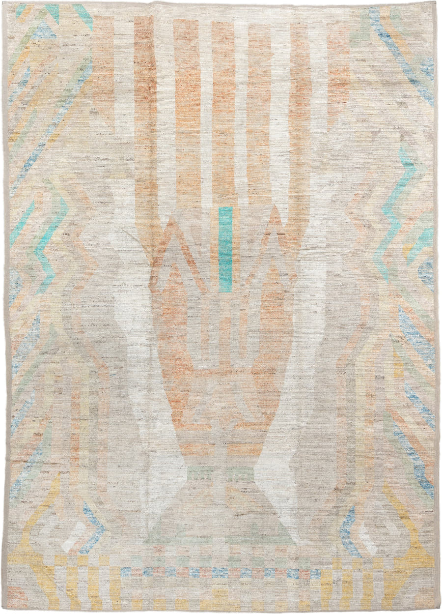 10' x 13' one-of-a-kind handmade vintage Tulu large size rug. Color palette: ivory, peach, aqua, sand, pale yellow, taupe