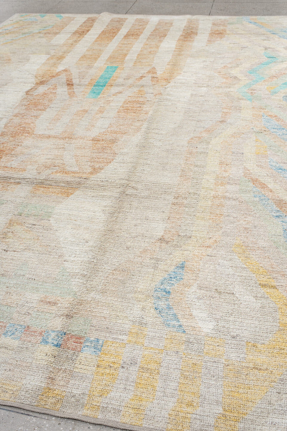 10' x 13' one-of-a-kind handmade vintage Tulu large size rug. Color palette: ivory, peach, aqua, sand, pale yellow, taupe