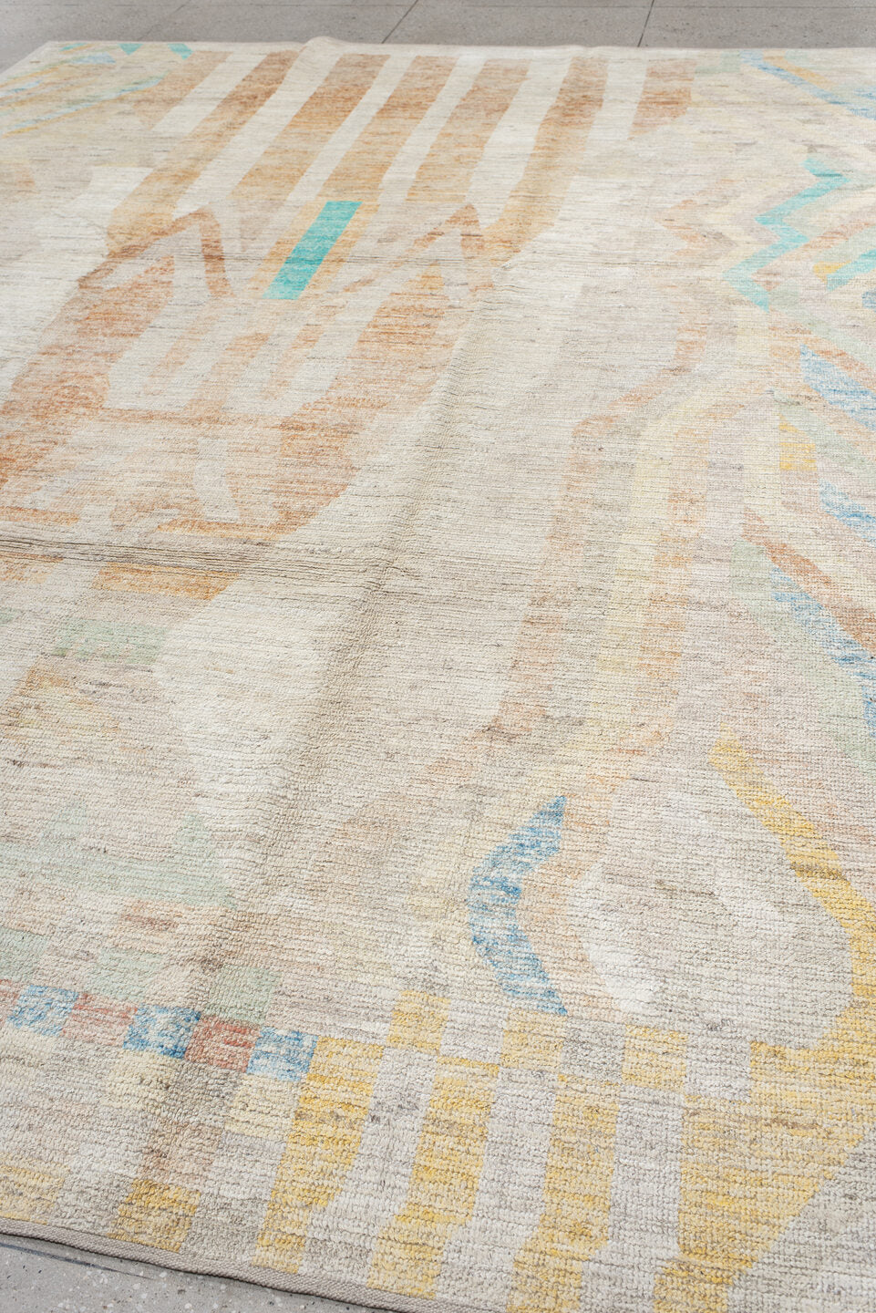 10' x 13' one-of-a-kind handmade vintage Tulu large size rug. Color palette: ivory, peach, aqua, sand, pale yellow, taupe