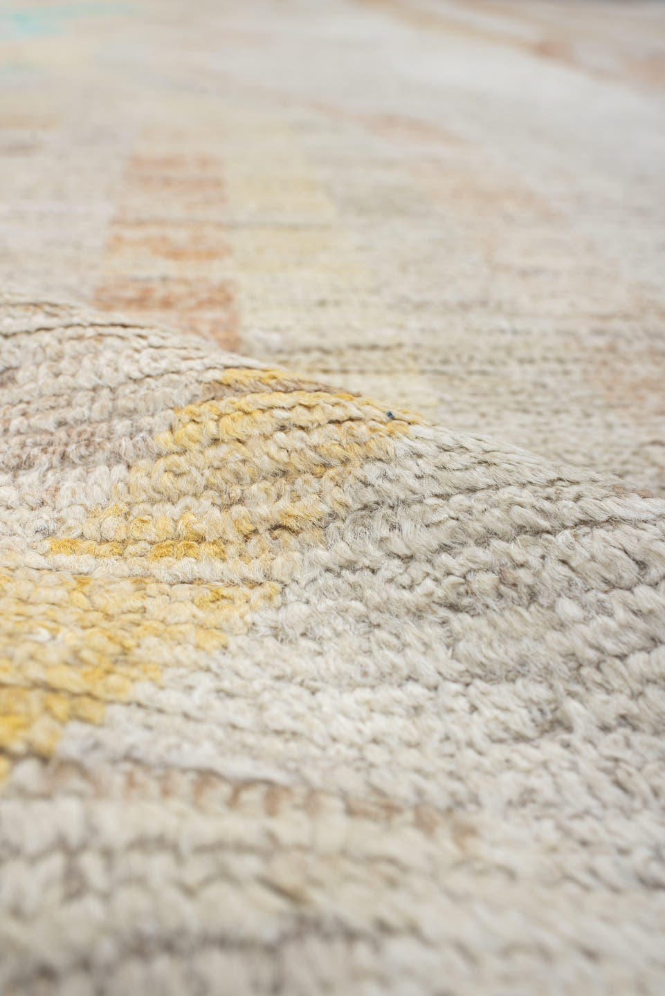 10' x 13' one-of-a-kind handmade vintage Tulu large size rug. Color palette: ivory, peach, aqua, sand, pale yellow, taupe