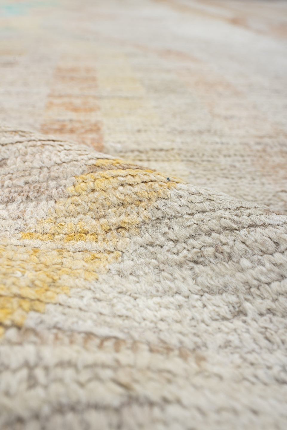 10' x 13' one-of-a-kind handmade vintage Tulu large size rug. Color palette: ivory, peach, aqua, sand, pale yellow, taupe