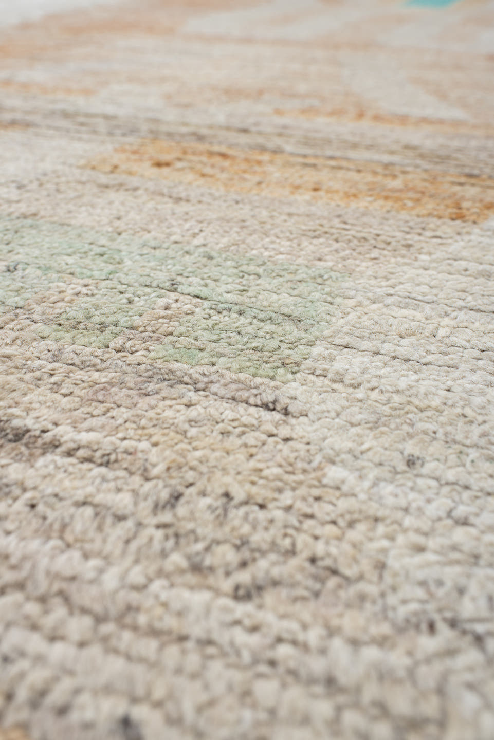 10' x 13' one-of-a-kind handmade vintage Tulu large size rug. Color palette: ivory, peach, aqua, sand, pale yellow, taupe
