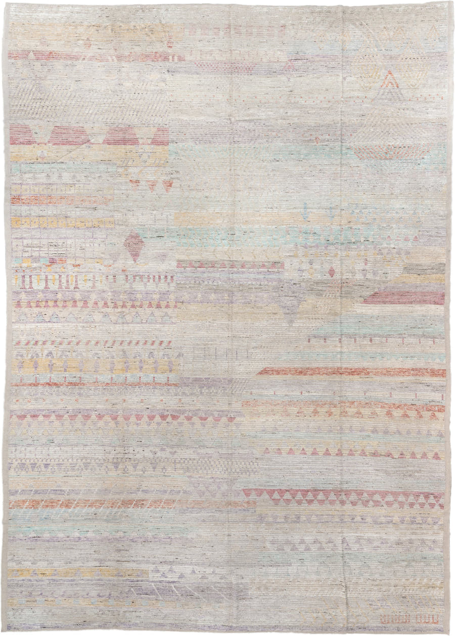 13' x 19' one-of-a-kind handmade vintage Tulu oversize rug. Color palette: ivory, lavender, rose, aqua, pale yellow, coral