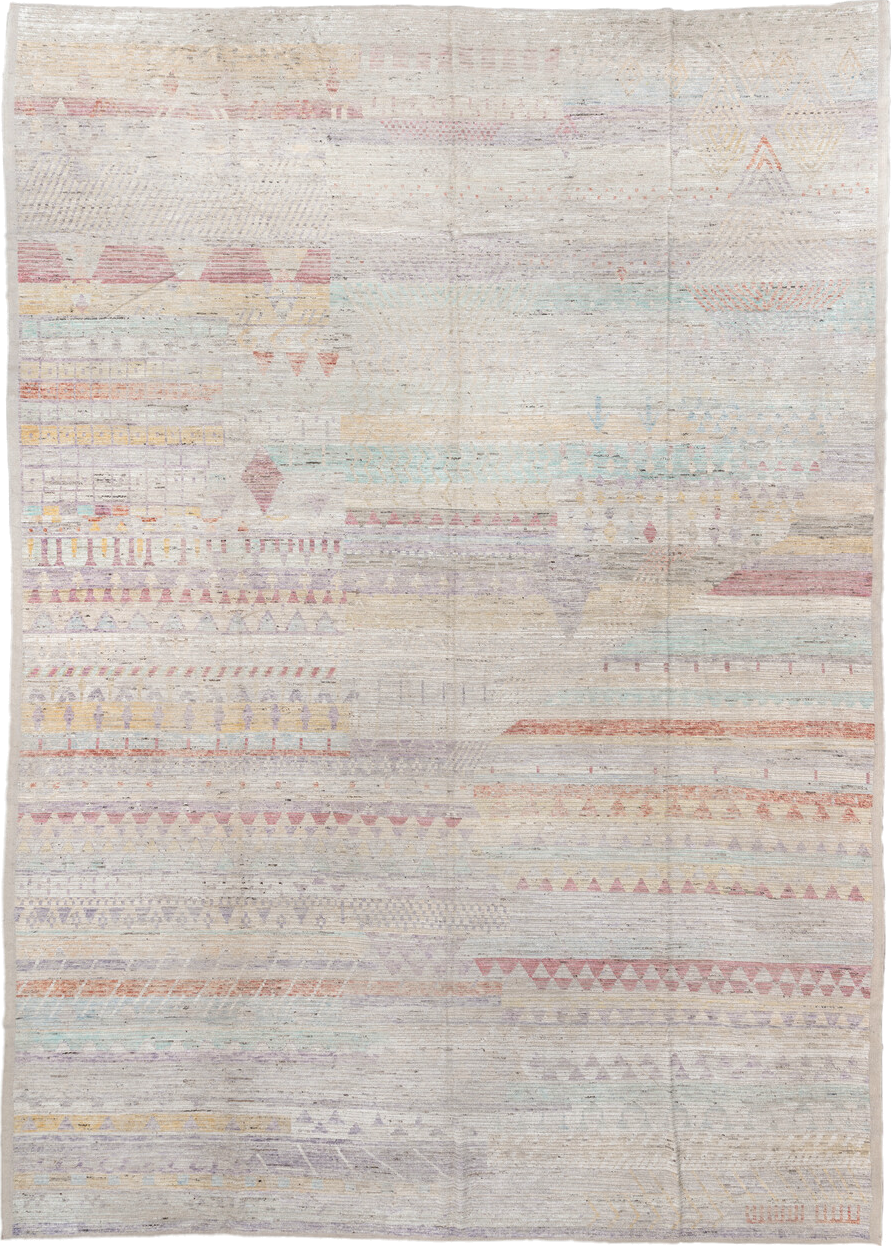 13' x 19' one-of-a-kind handmade vintage Tulu oversize rug. Color palette: ivory, lavender, rose, aqua, pale yellow, coral