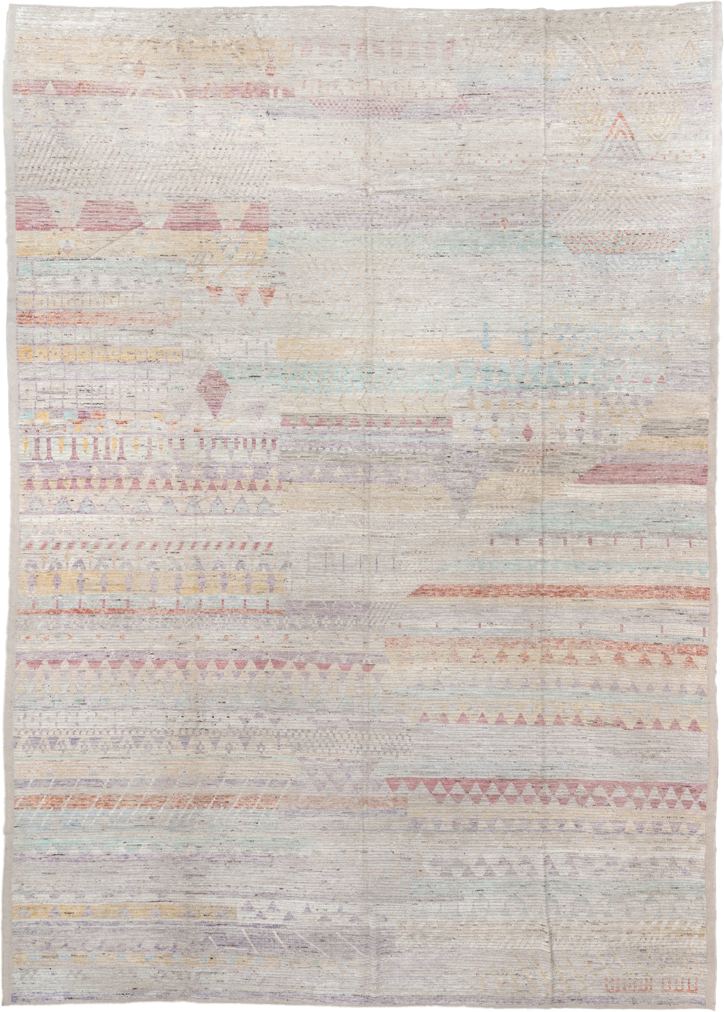 13' x 19' one-of-a-kind handmade vintage Tulu oversize rug. Color palette: ivory, lavender, rose, aqua, pale yellow, coral