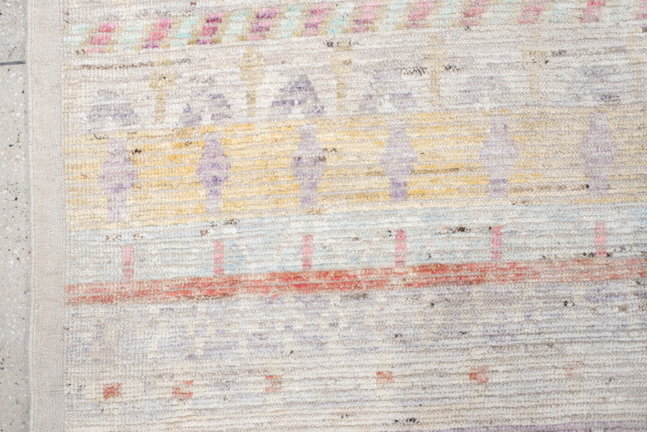 13' x 19' one-of-a-kind handmade vintage Tulu oversize rug. Color palette: ivory, lavender, rose, aqua, pale yellow, coral