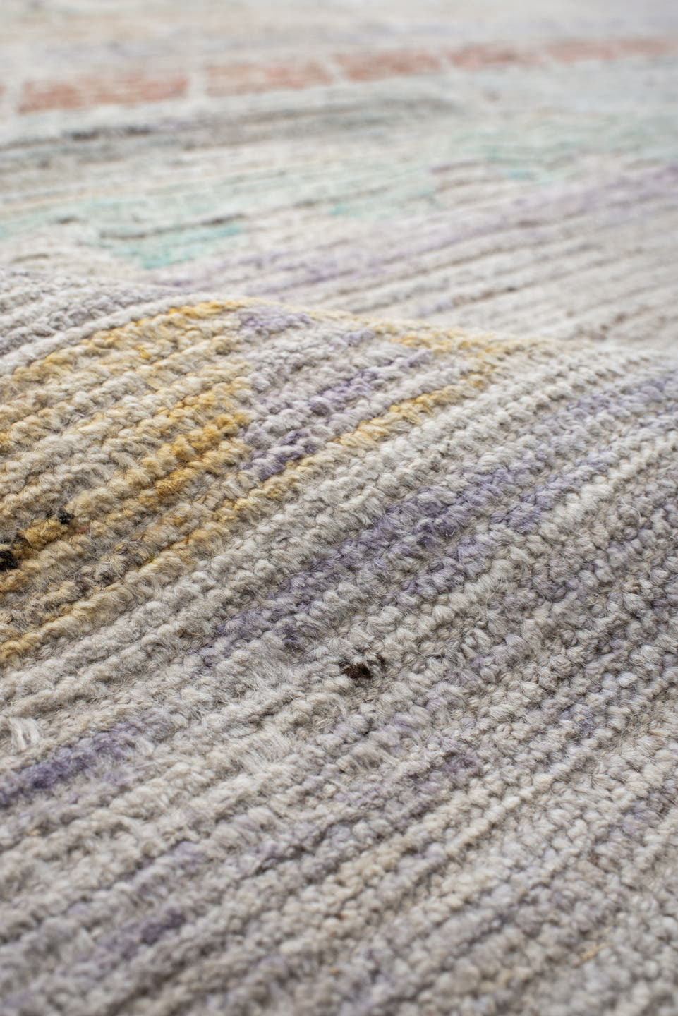 13' x 19' one-of-a-kind handmade vintage Tulu oversize rug. Color palette: ivory, lavender, rose, aqua, pale yellow, coral