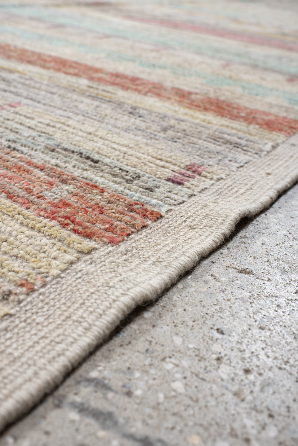 13' x 19' one-of-a-kind handmade vintage Tulu oversize rug. Color palette: ivory, lavender, rose, aqua, pale yellow, coral