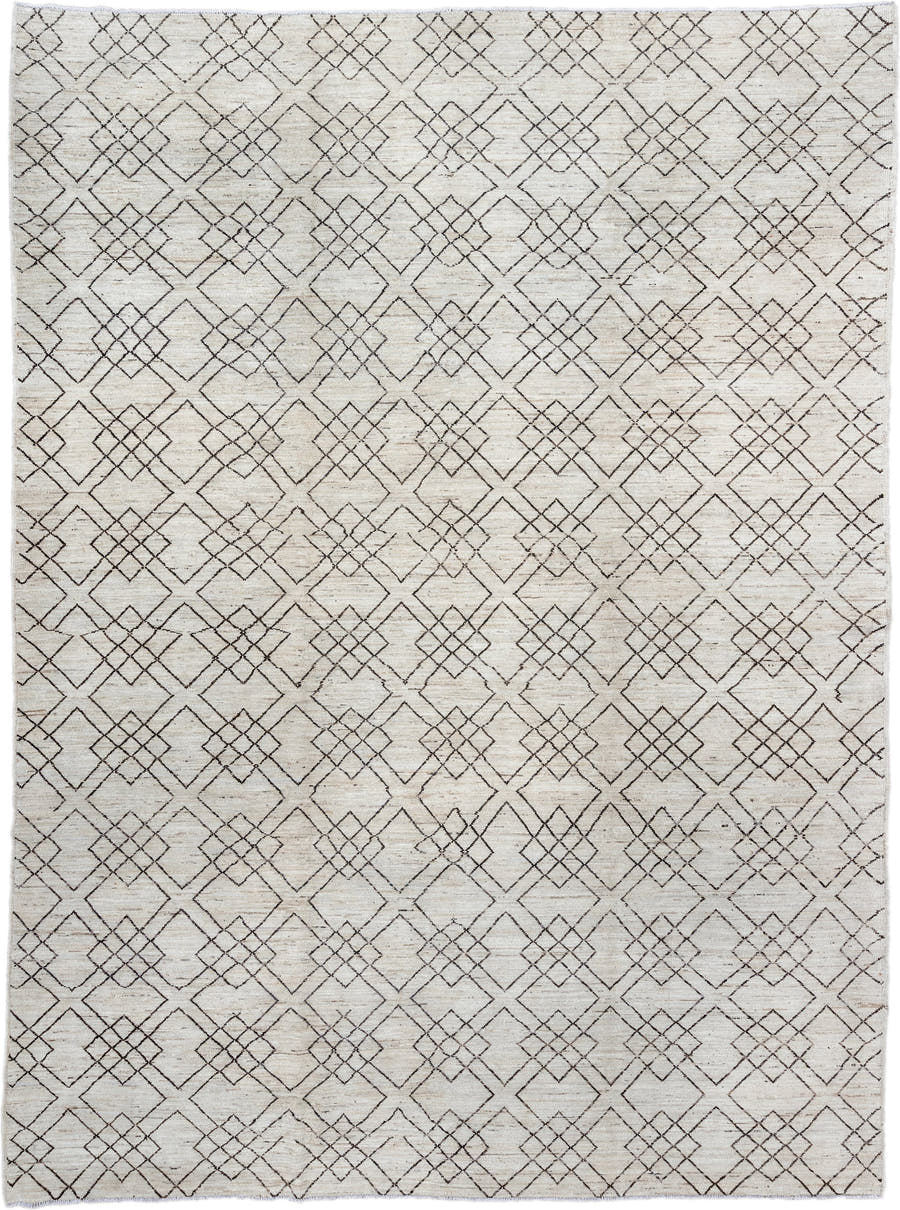 10' x 13' one-of-a-kind handmade vintage Tulu large size rug. Color palette: ivory, charcoal, taupe, cream, gray, black