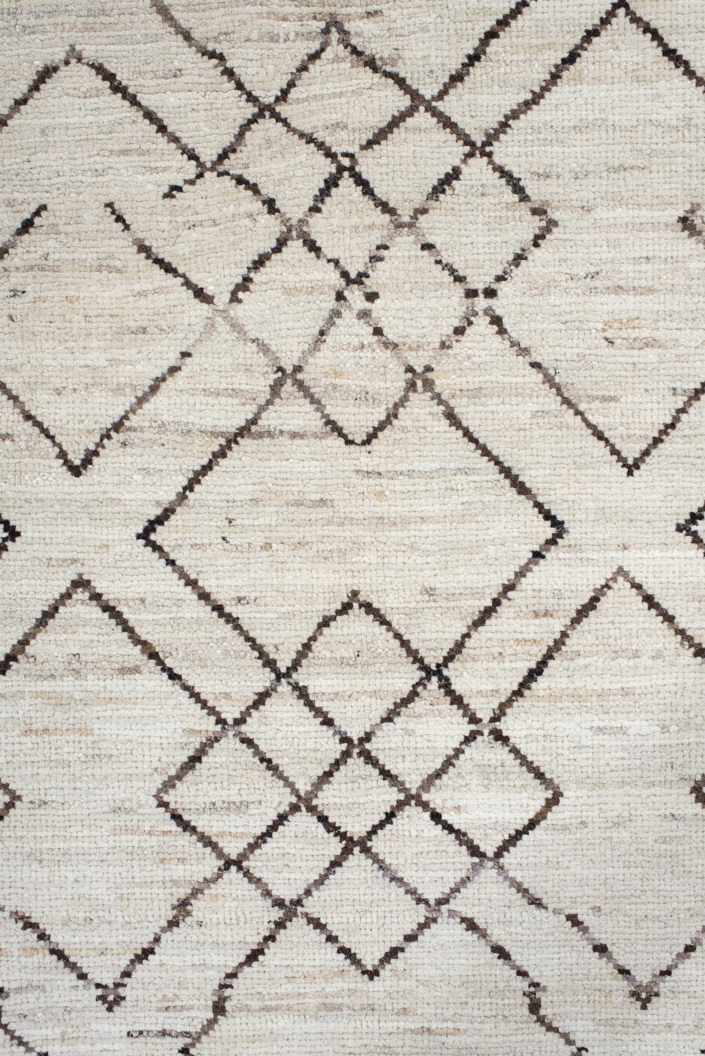 10' x 13' one-of-a-kind handmade vintage Tulu large size rug. Color palette: ivory, charcoal, taupe, cream, gray, black