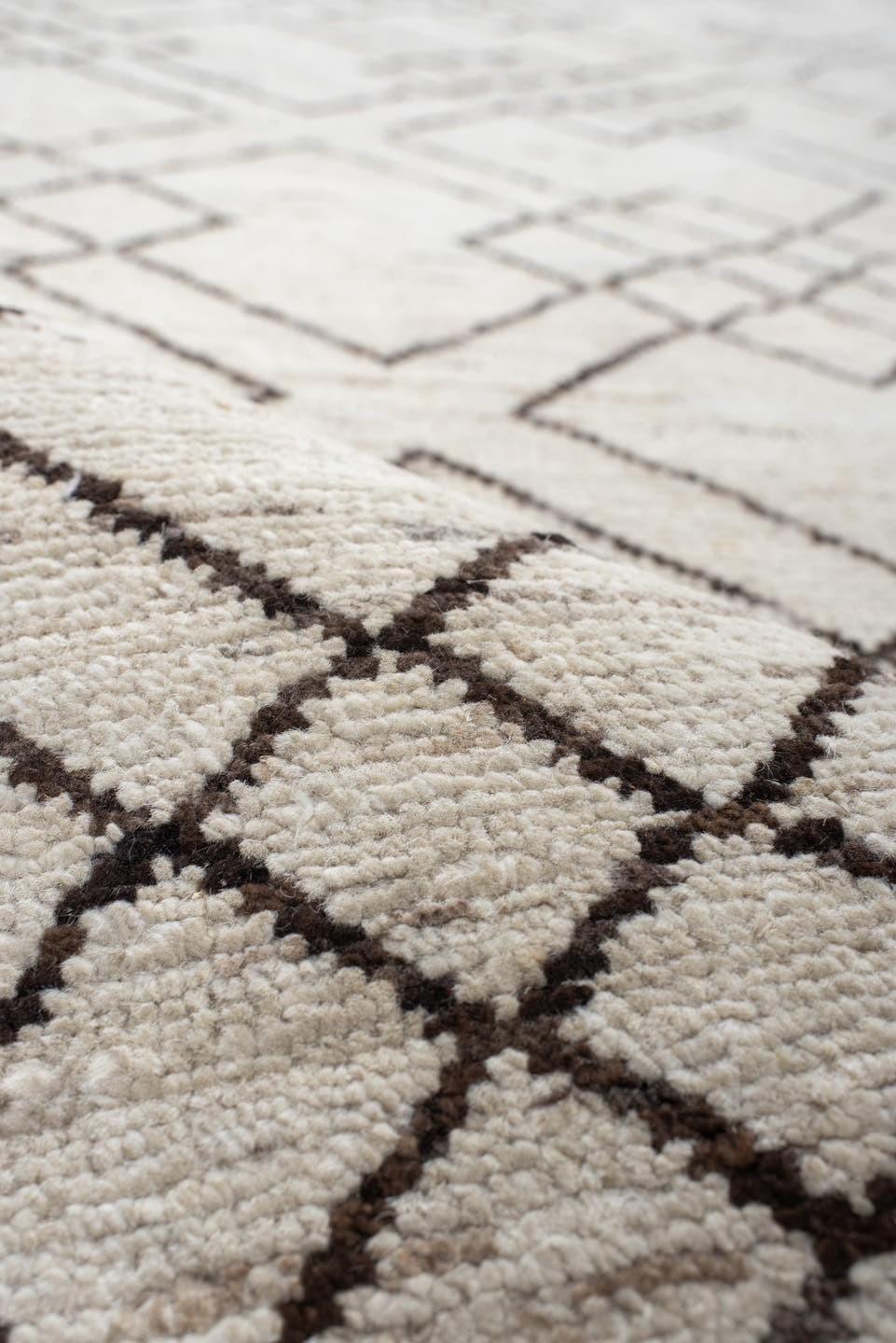 10' x 13' one-of-a-kind handmade vintage Tulu large size rug. Color palette: ivory, charcoal, taupe, cream, gray, black