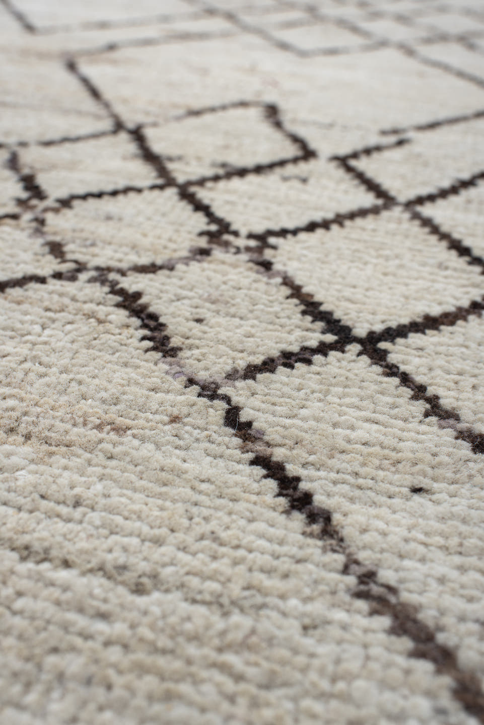 10' x 13' one-of-a-kind handmade vintage Tulu large size rug. Color palette: ivory, charcoal, taupe, cream, gray, black