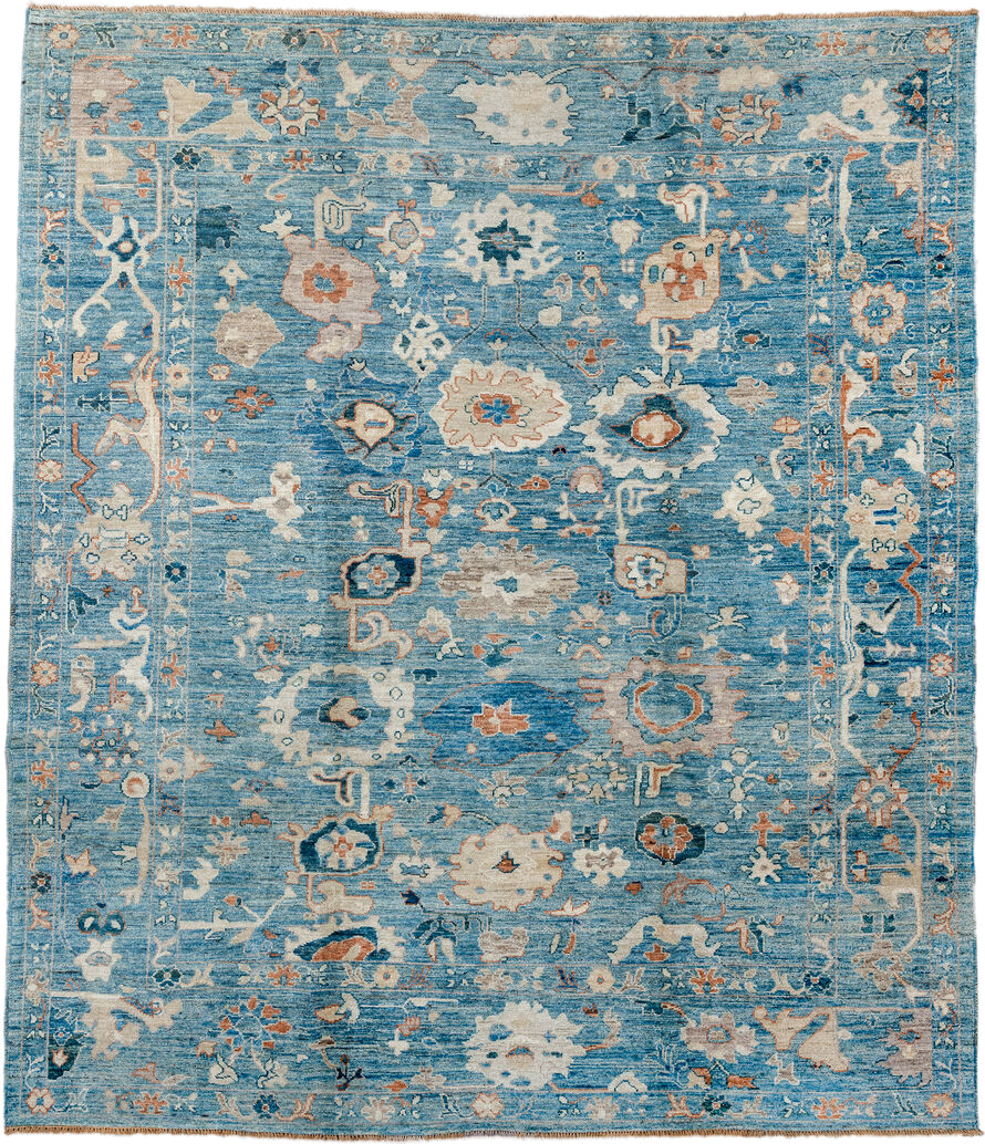 8' x 9' one-of-a-kind handmade vintage Oushak rug. Color palette: sky blue, ivory, peach, taupe, navy, slate, camel