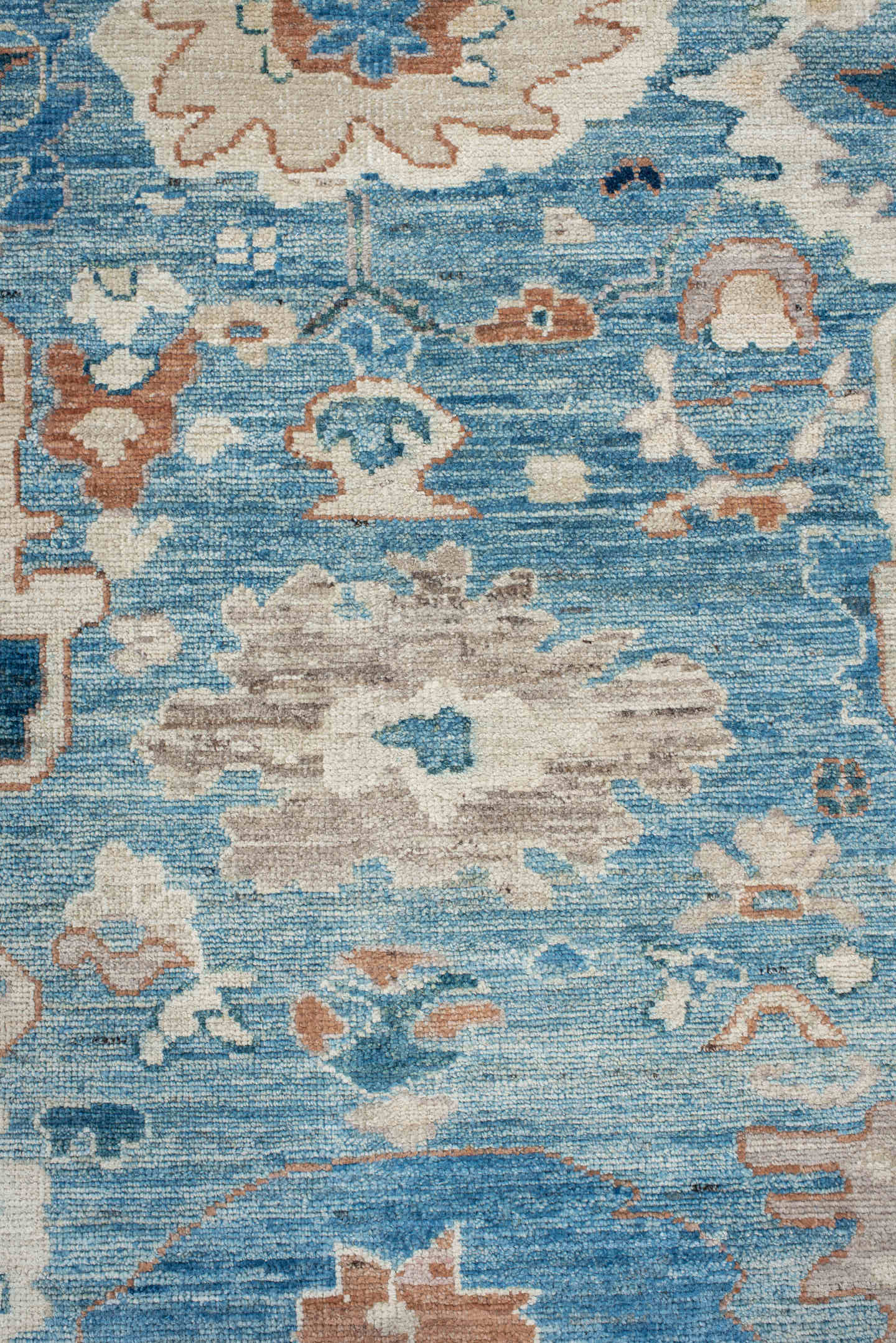 8' x 9' one-of-a-kind handmade vintage Oushak rug. Color palette: sky blue, ivory, peach, taupe, navy, slate, camel