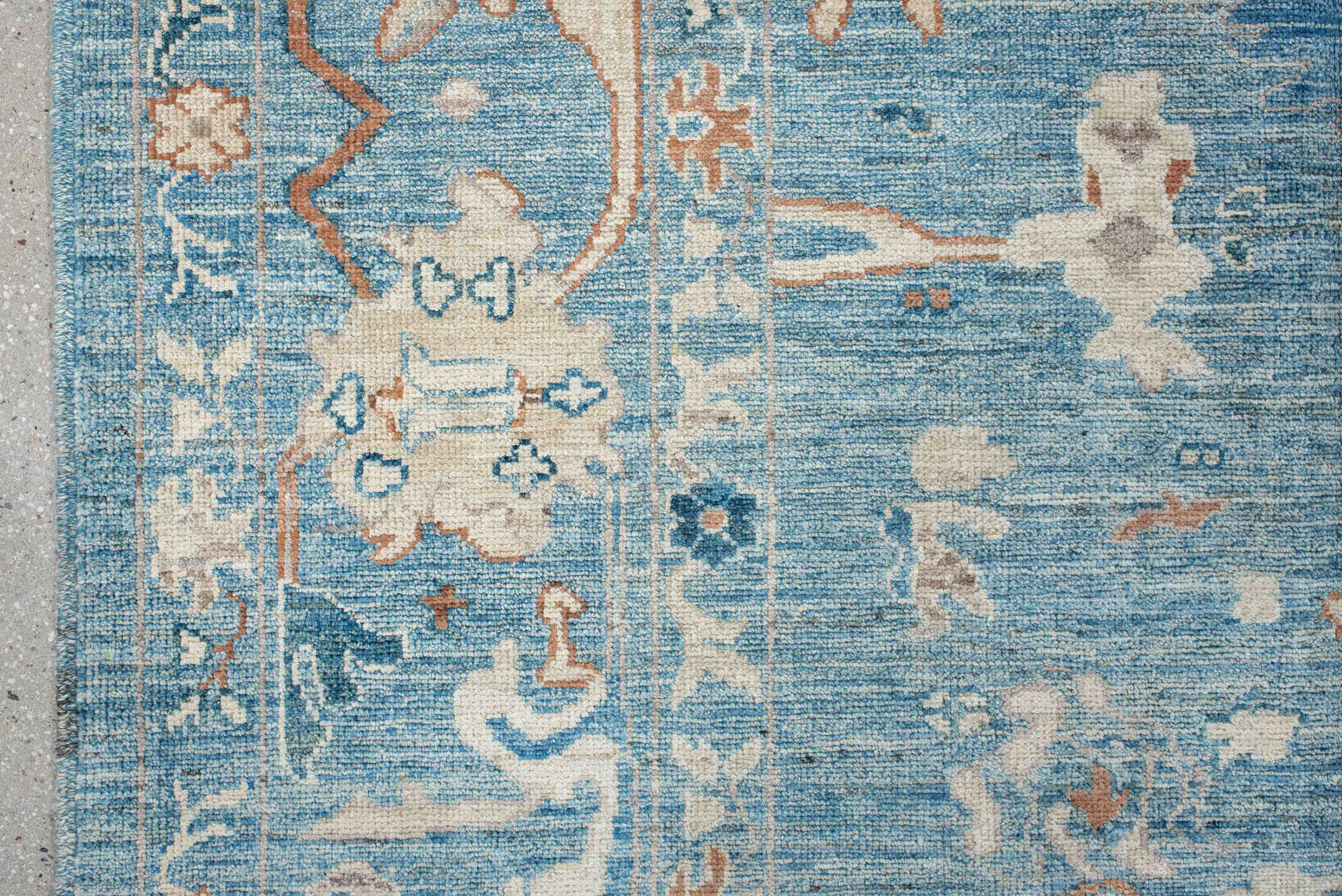 8' x 9' one-of-a-kind handmade vintage Oushak rug. Color palette: sky blue, ivory, peach, taupe, navy, slate, camel