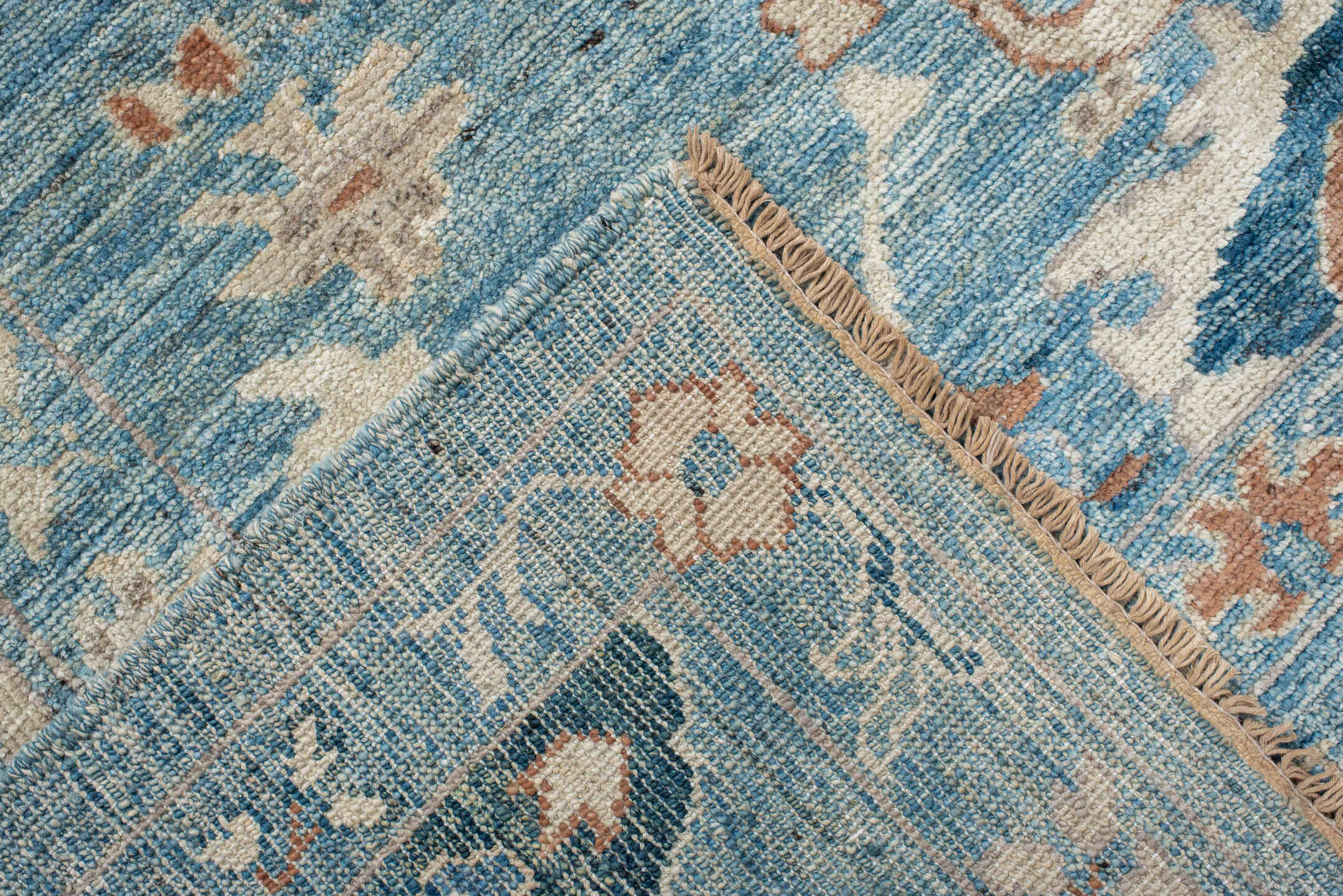 8' x 9' one-of-a-kind handmade vintage Oushak rug. Color palette: sky blue, ivory, peach, taupe, navy, slate, camel