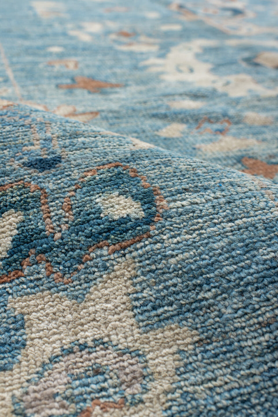 8' x 9' one-of-a-kind handmade vintage Oushak rug. Color palette: sky blue, ivory, peach, taupe, navy, slate, camel
