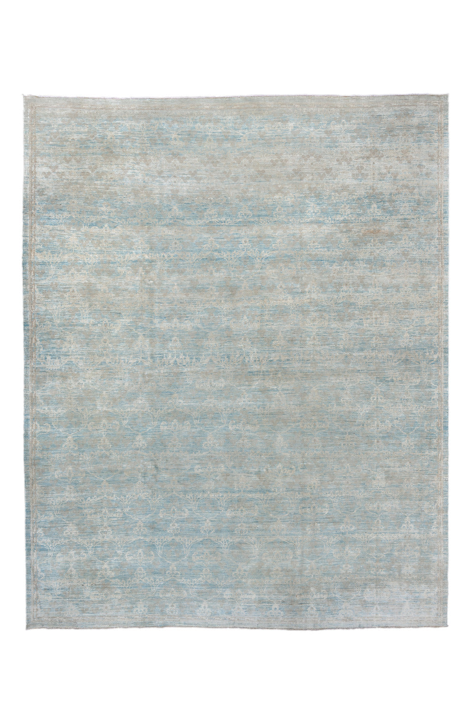 9' x 11' one-of-a-kind handmade vintage Oushak large size rug. Color palette: light gray, off-white, gray, light blue