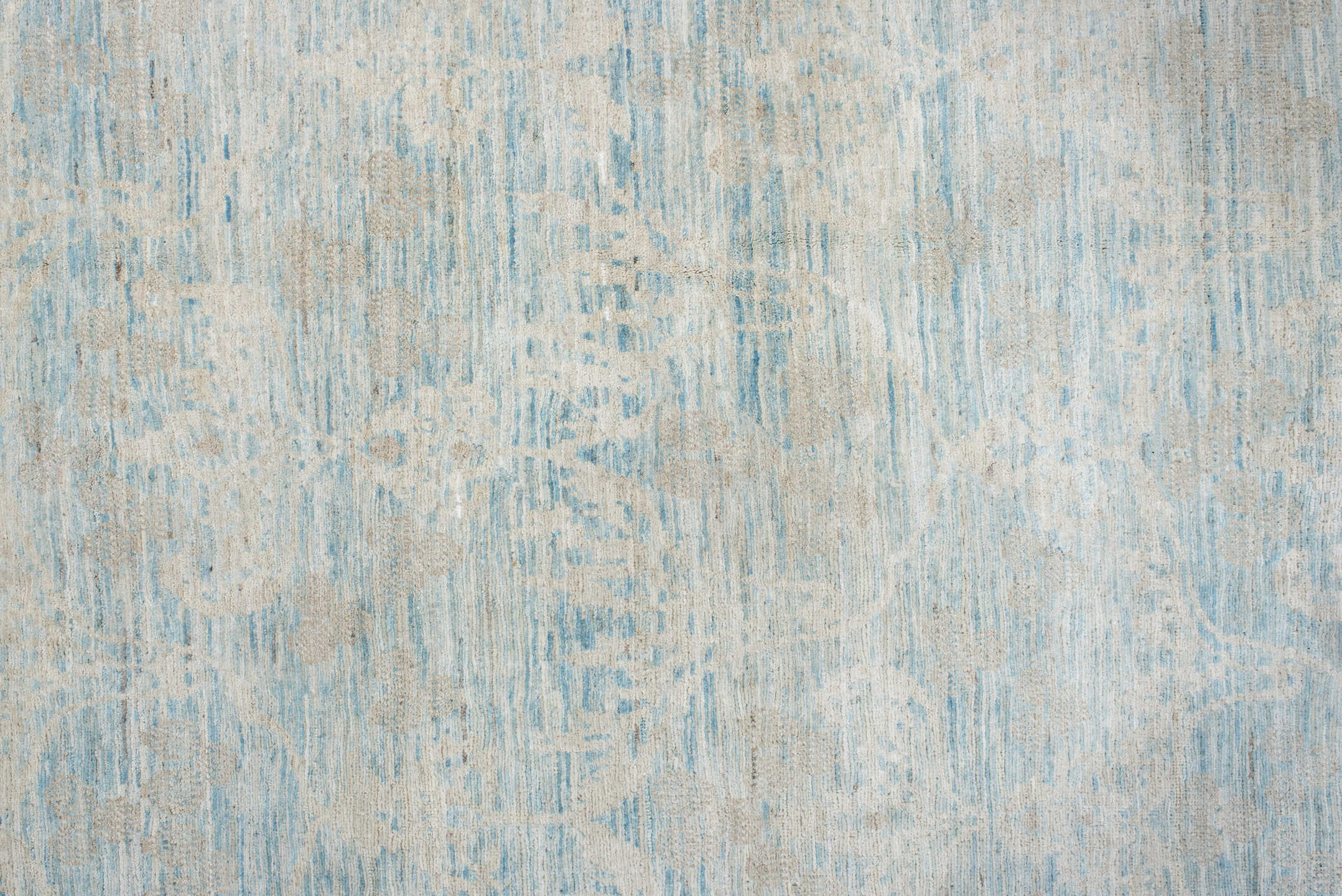 9' x 11' one-of-a-kind handmade vintage Oushak large size rug. Color palette: light gray, off-white, gray, light blue