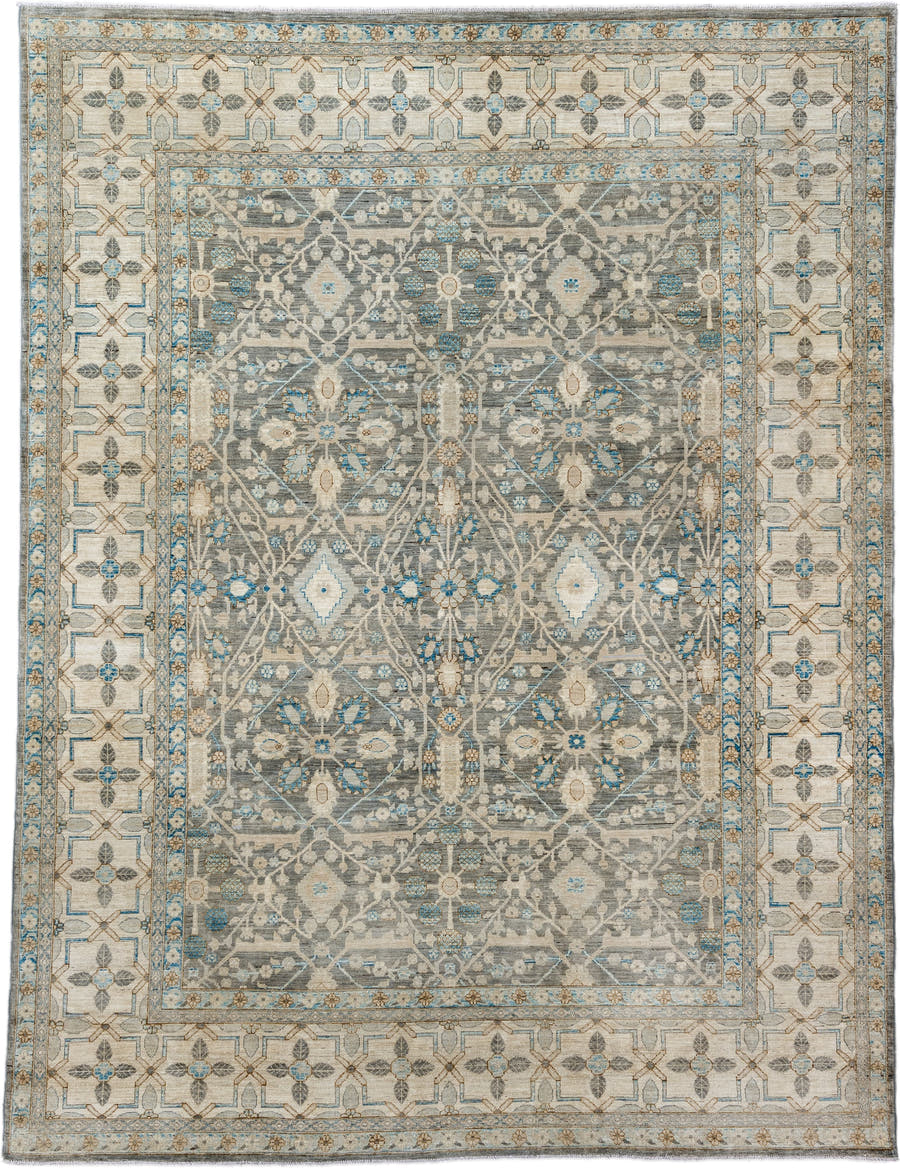 9' x 11' one-of-a-kind handmade vintage Oushak large size rug. Color palette: gray, ivory, sky blue, taupe, beige, camel