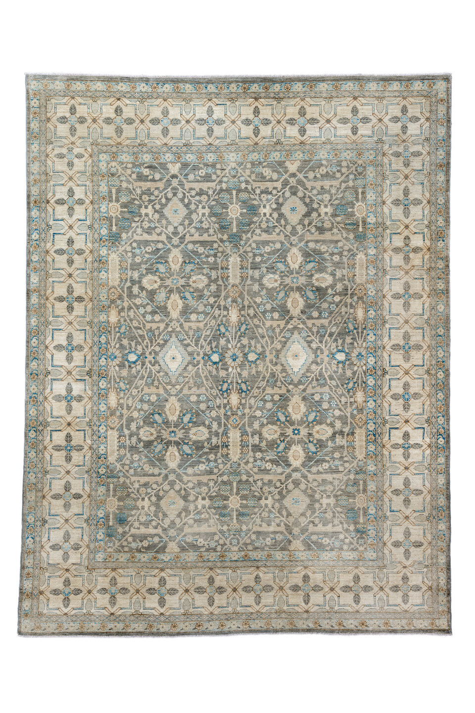 9' x 11' one-of-a-kind handmade vintage Oushak large size rug. Color palette: blue, brown, gray, light gray, off-white