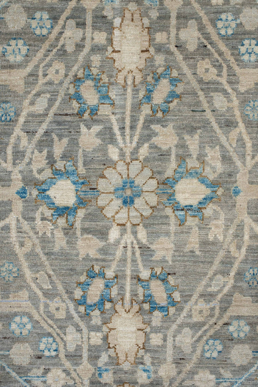 9' x 11' one-of-a-kind handmade vintage Oushak large size rug. Color palette: gray, ivory, sky blue, taupe, beige, camel