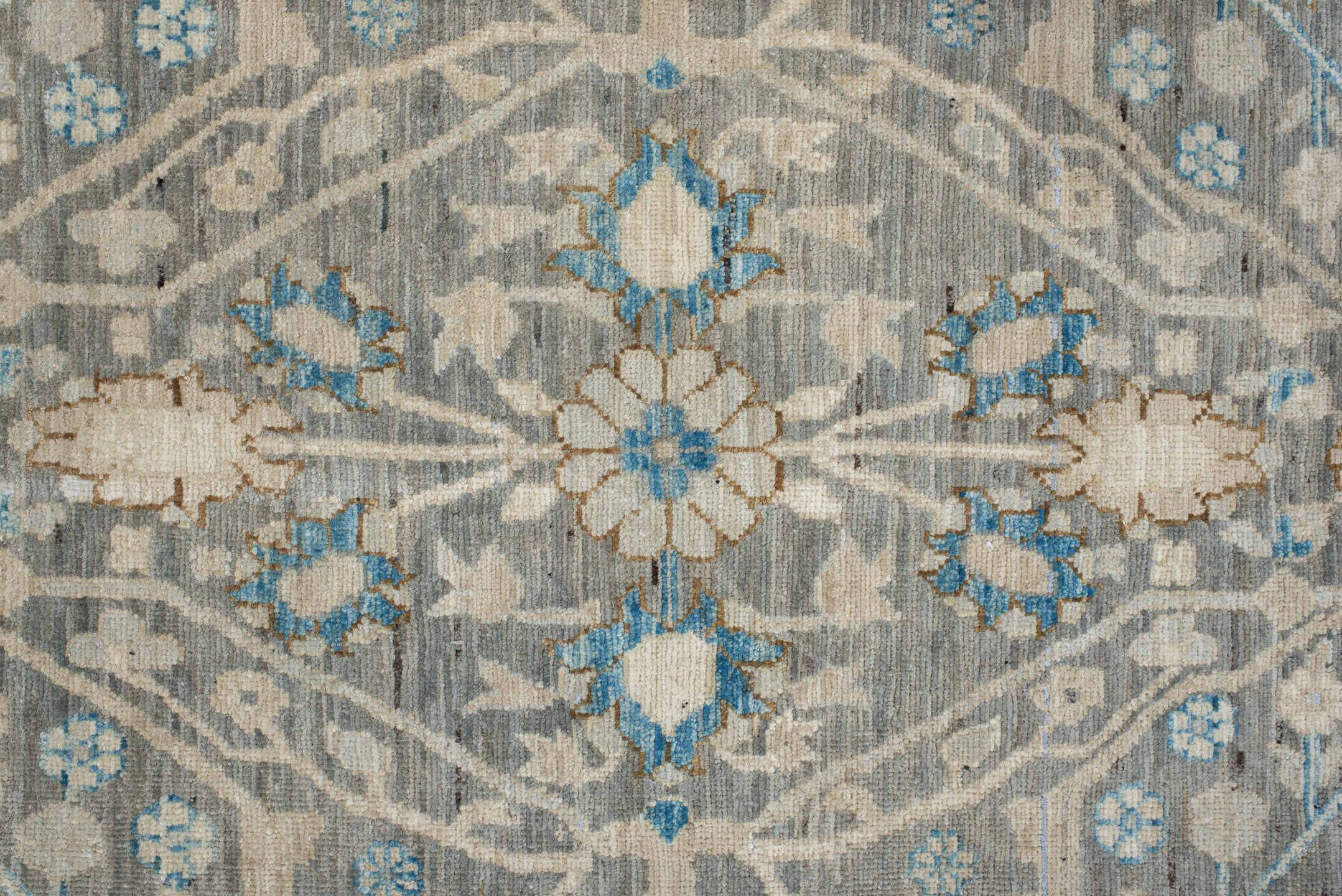 9' x 11' one-of-a-kind handmade vintage Oushak large size rug. Color palette: blue, brown, gray, light gray, off-white