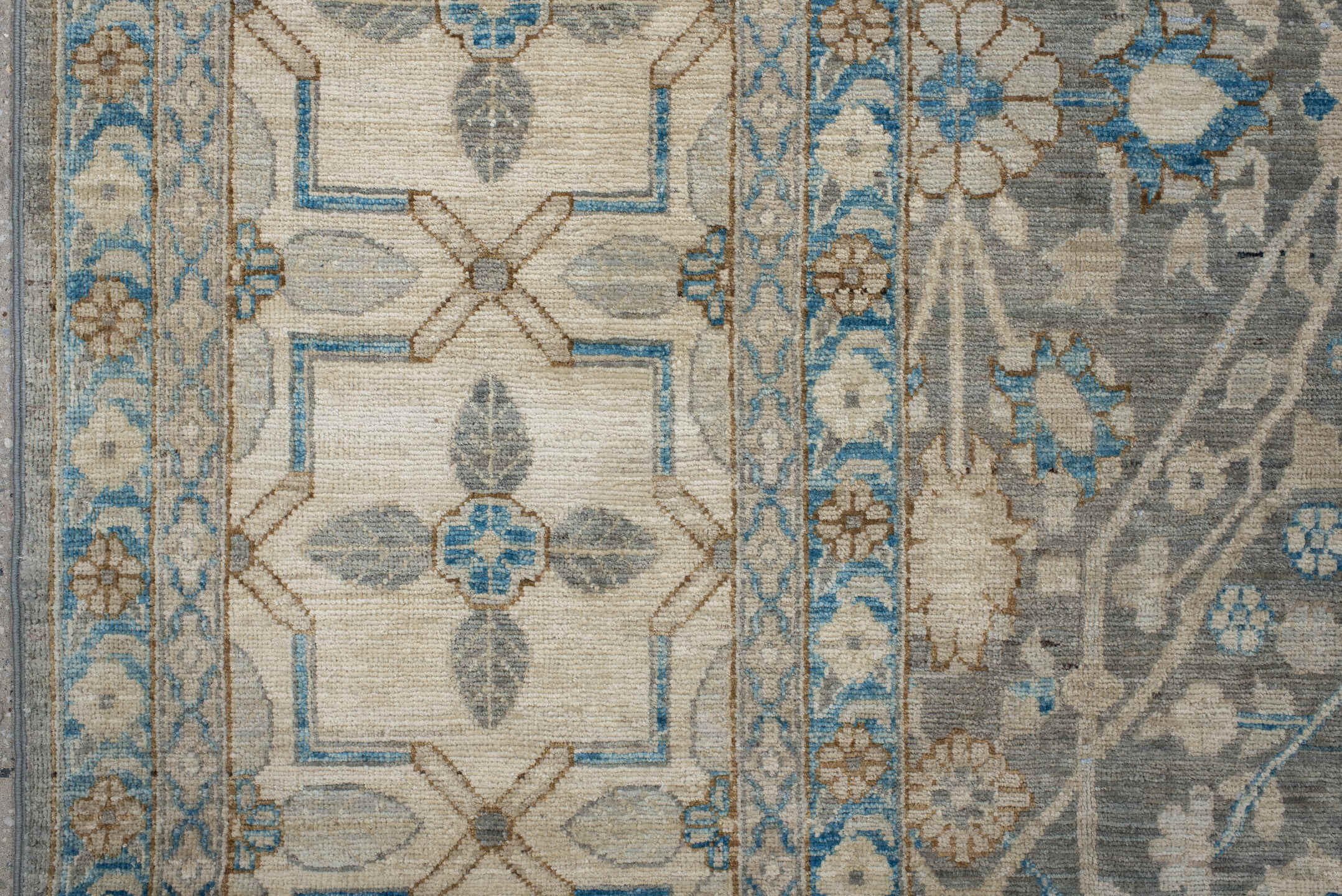 9' x 11' one-of-a-kind handmade vintage Oushak large size rug. Color palette: gray, ivory, sky blue, taupe, beige, camel