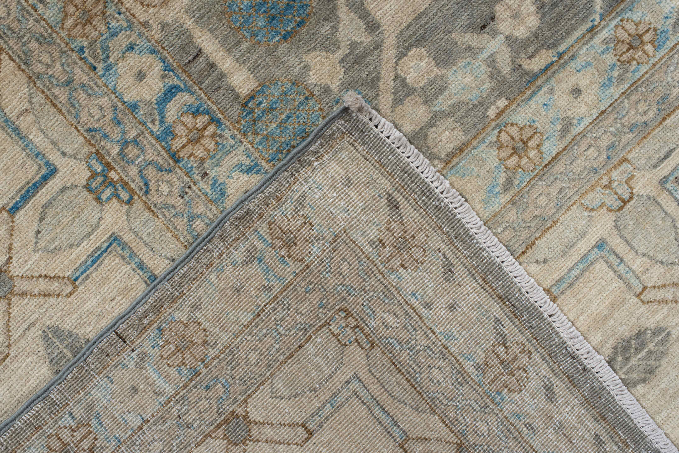9' x 11' one-of-a-kind handmade vintage Oushak large size rug. Color palette: blue, brown, gray, light gray, off-white