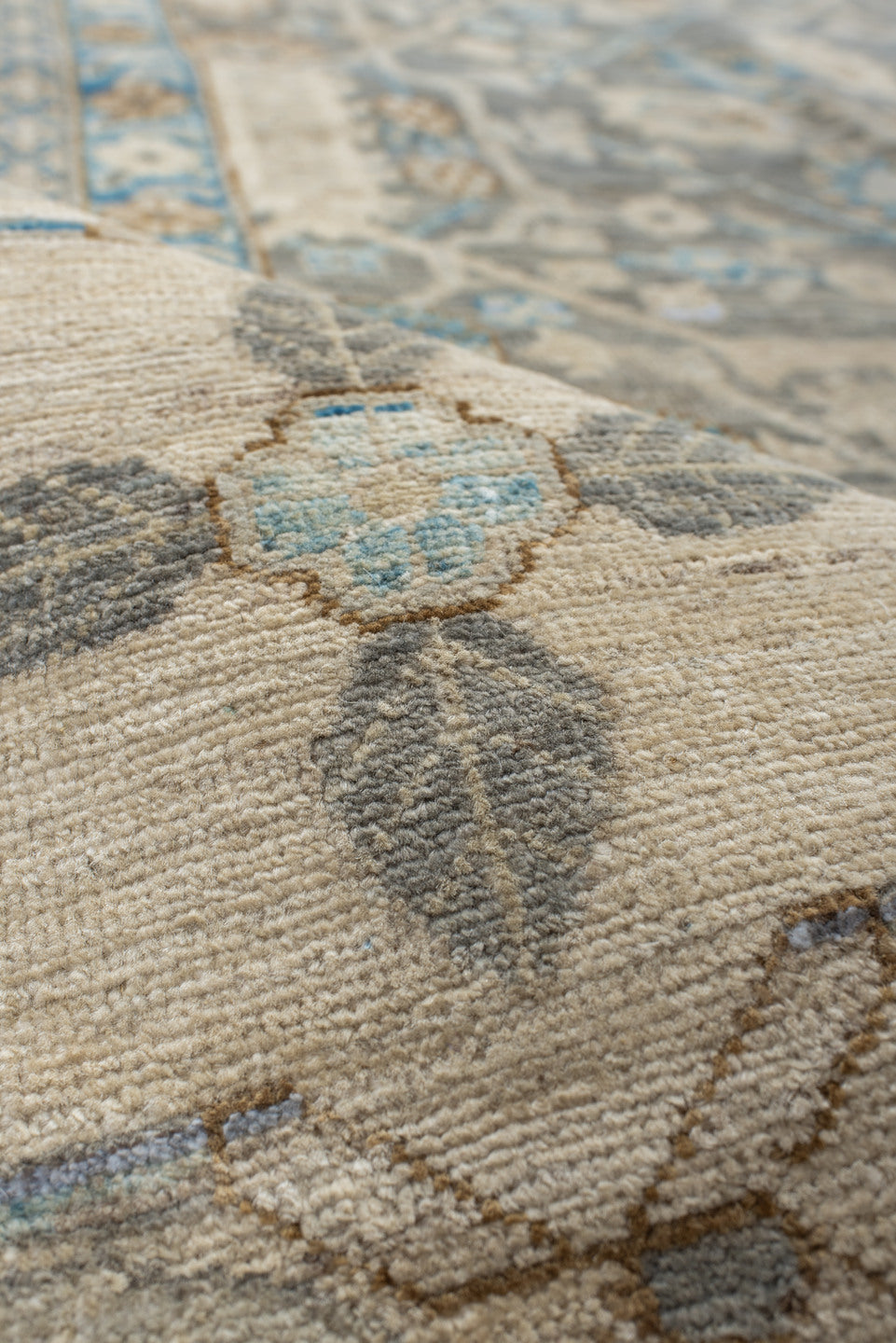 9' x 11' one-of-a-kind handmade vintage Oushak large size rug. Color palette: gray, ivory, sky blue, taupe, beige, camel