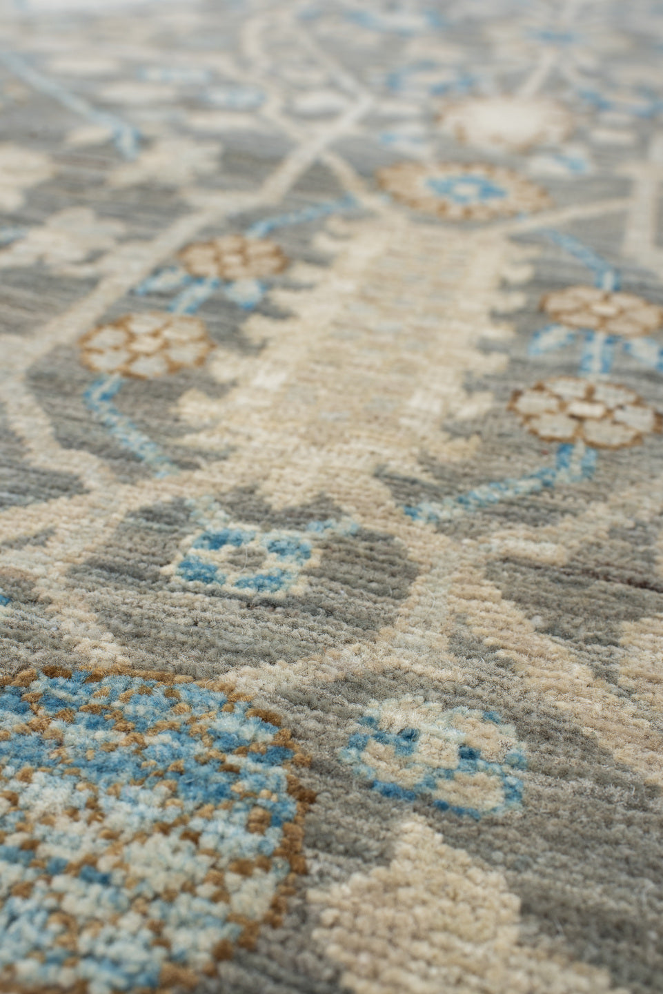 9' x 11' one-of-a-kind handmade vintage Oushak large size rug. Color palette: gray, ivory, sky blue, taupe, beige, camel