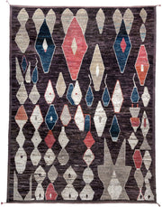 9' x 12' one-of-a-kind handmade vintage Tulu large size rug. Color palette: plum, ivory, taupe, indigo, coral, rose