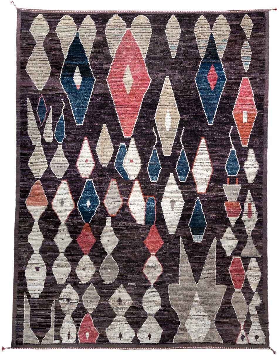 9' x 12' one-of-a-kind handmade vintage Tulu large size rug. Color palette: plum, ivory, taupe, indigo, coral, rose
