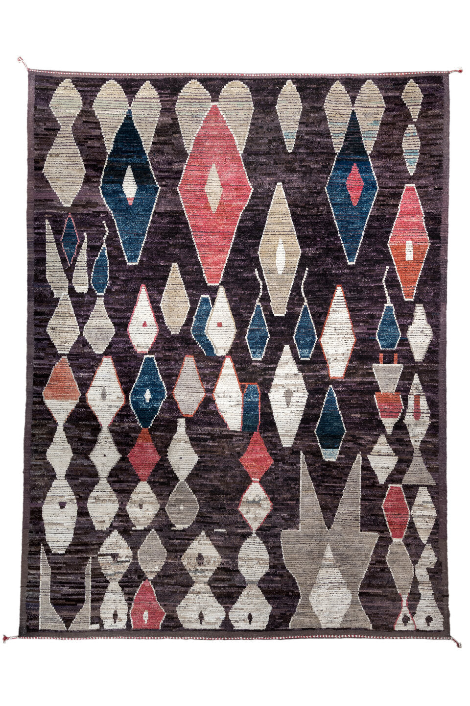 9' x 12' one-of-a-kind handmade vintage Tulu large size rug. Color palette: black, blue, brown, dim gray, gainsboro, gray