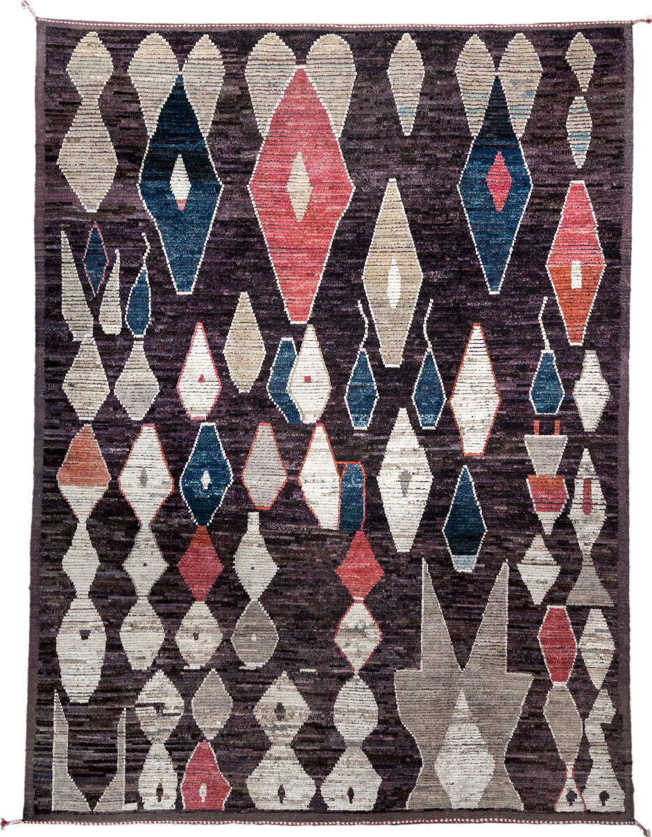 9' x 12' one-of-a-kind handmade vintage Tulu large size rug. Color palette: plum, ivory, taupe, indigo, coral, rose