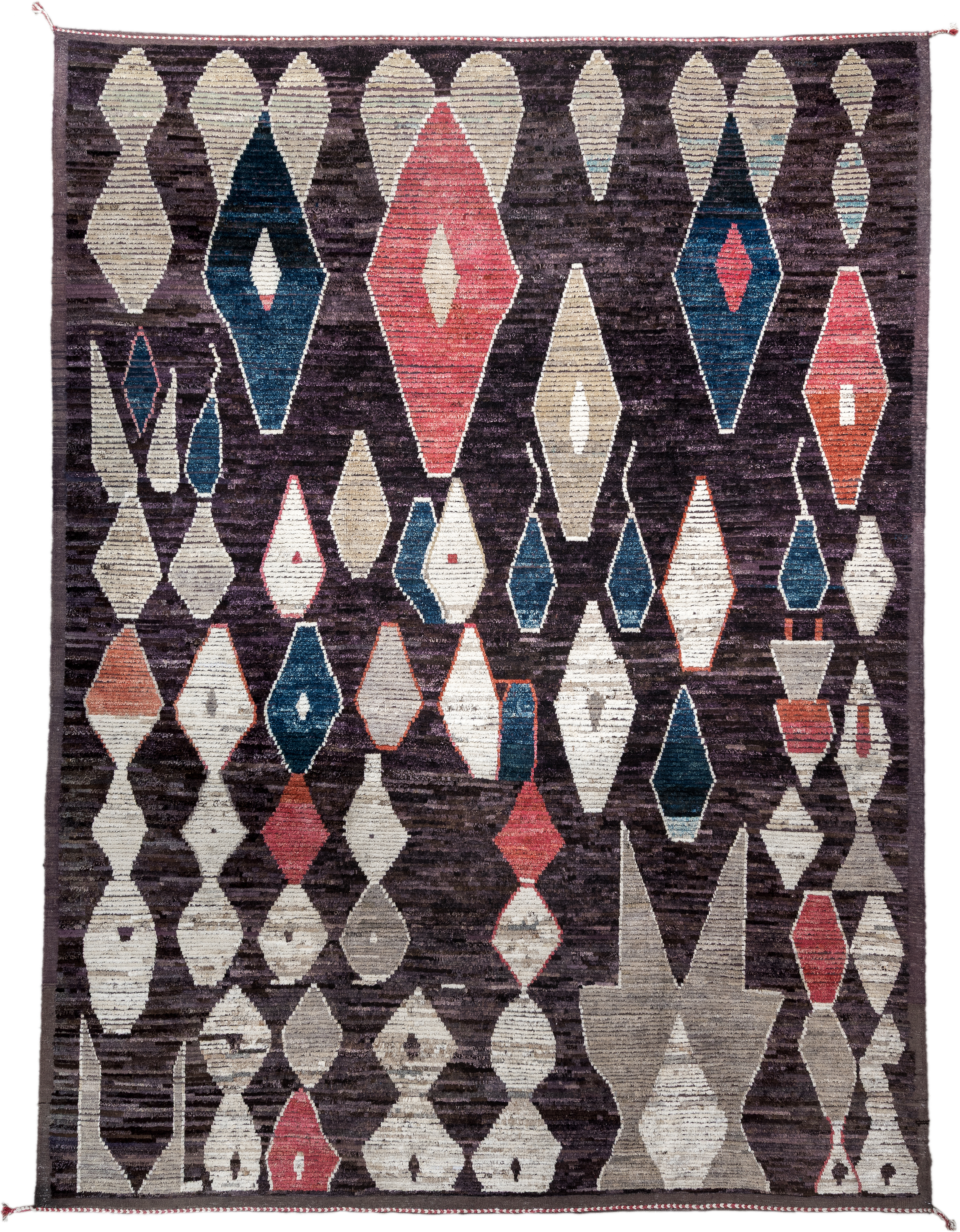 9' x 12' one-of-a-kind handmade vintage Tulu large size rug. Color palette: plum, ivory, taupe, indigo, coral, rose