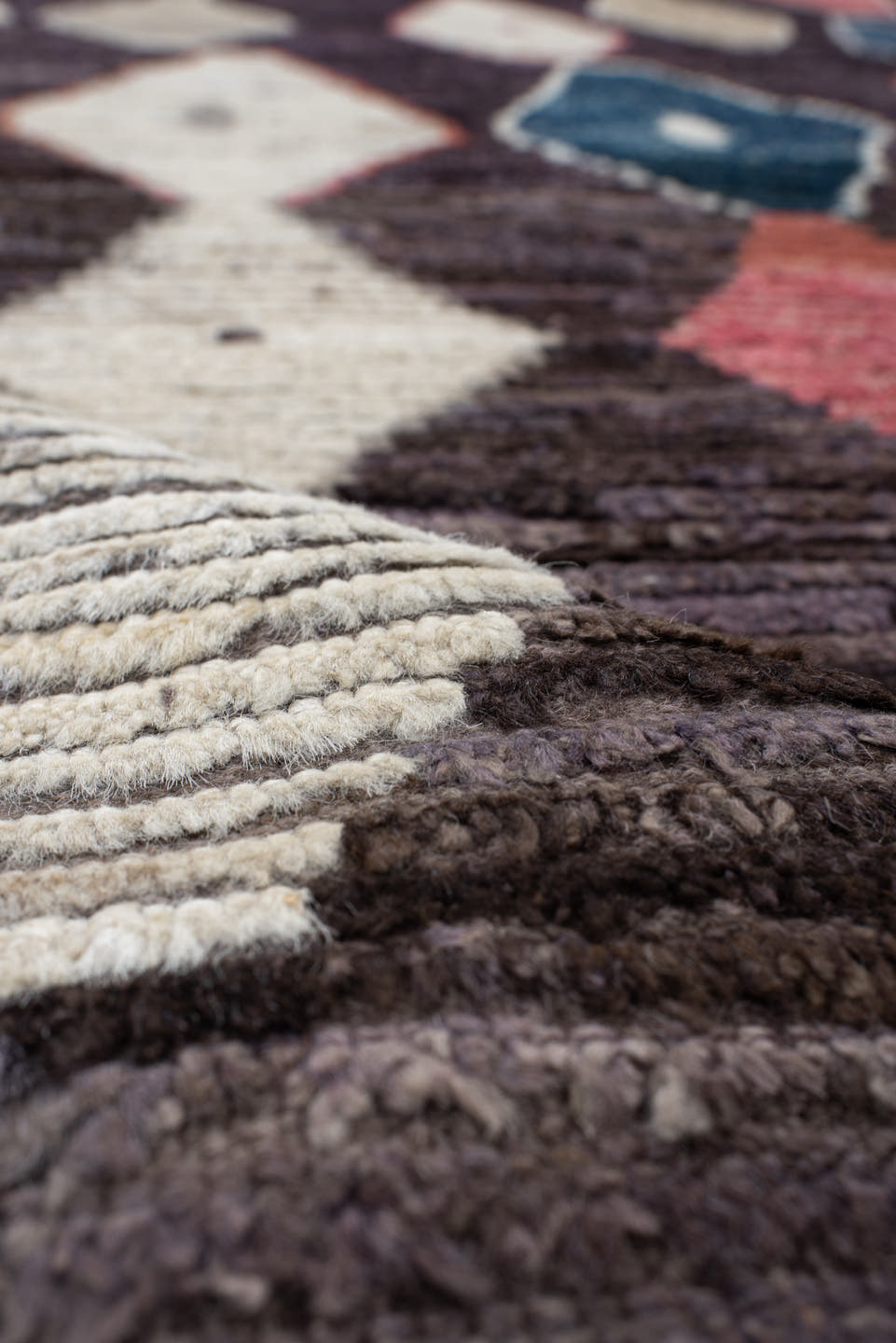 9' x 12' one-of-a-kind handmade vintage Tulu large size rug. Color palette: plum, ivory, taupe, indigo, coral, rose