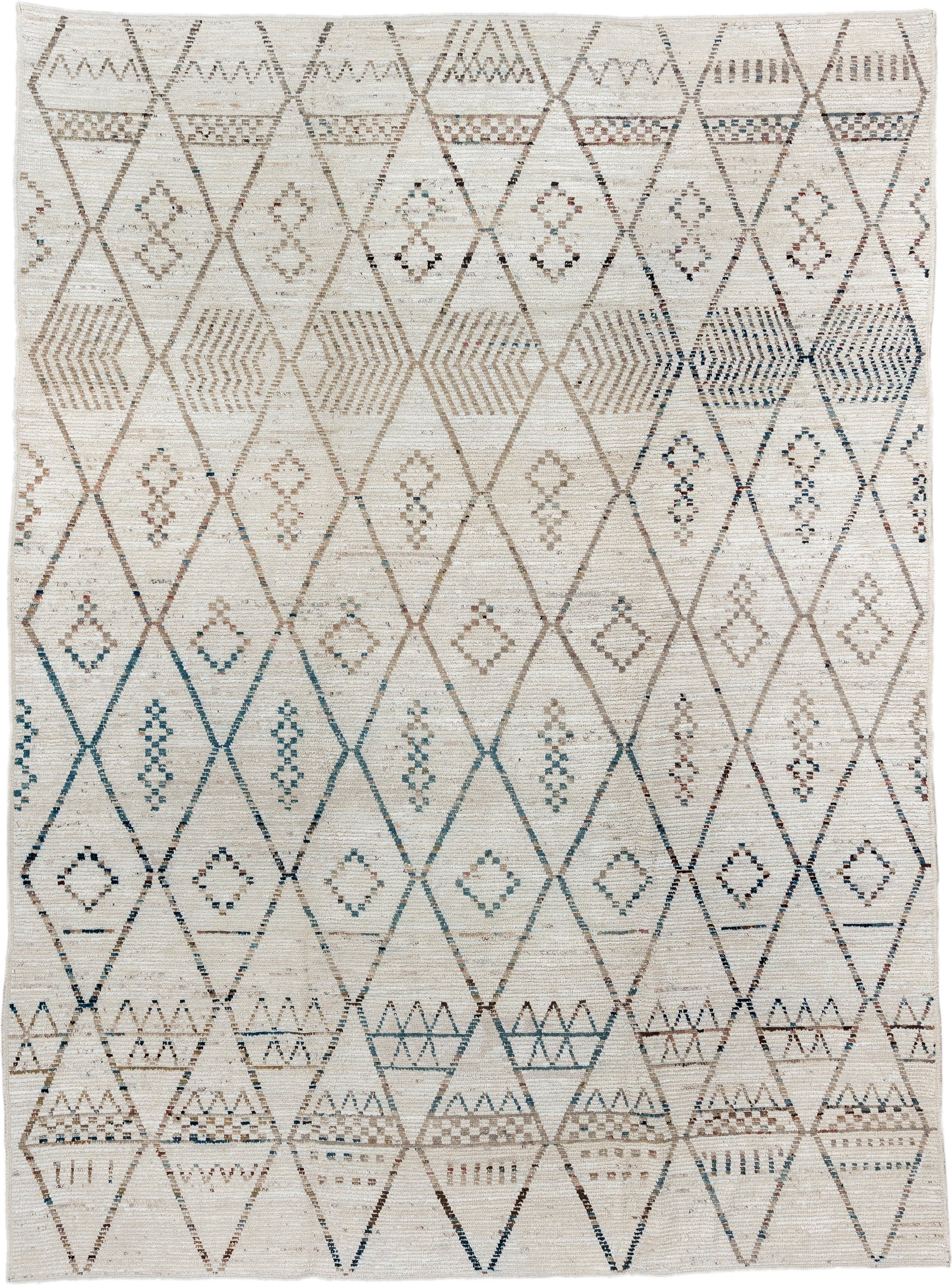 10' x 13' one-of-a-kind handmade vintage Tulu large size rug. Color palette: ivory, taupe, blue, beige, charcoal, brown