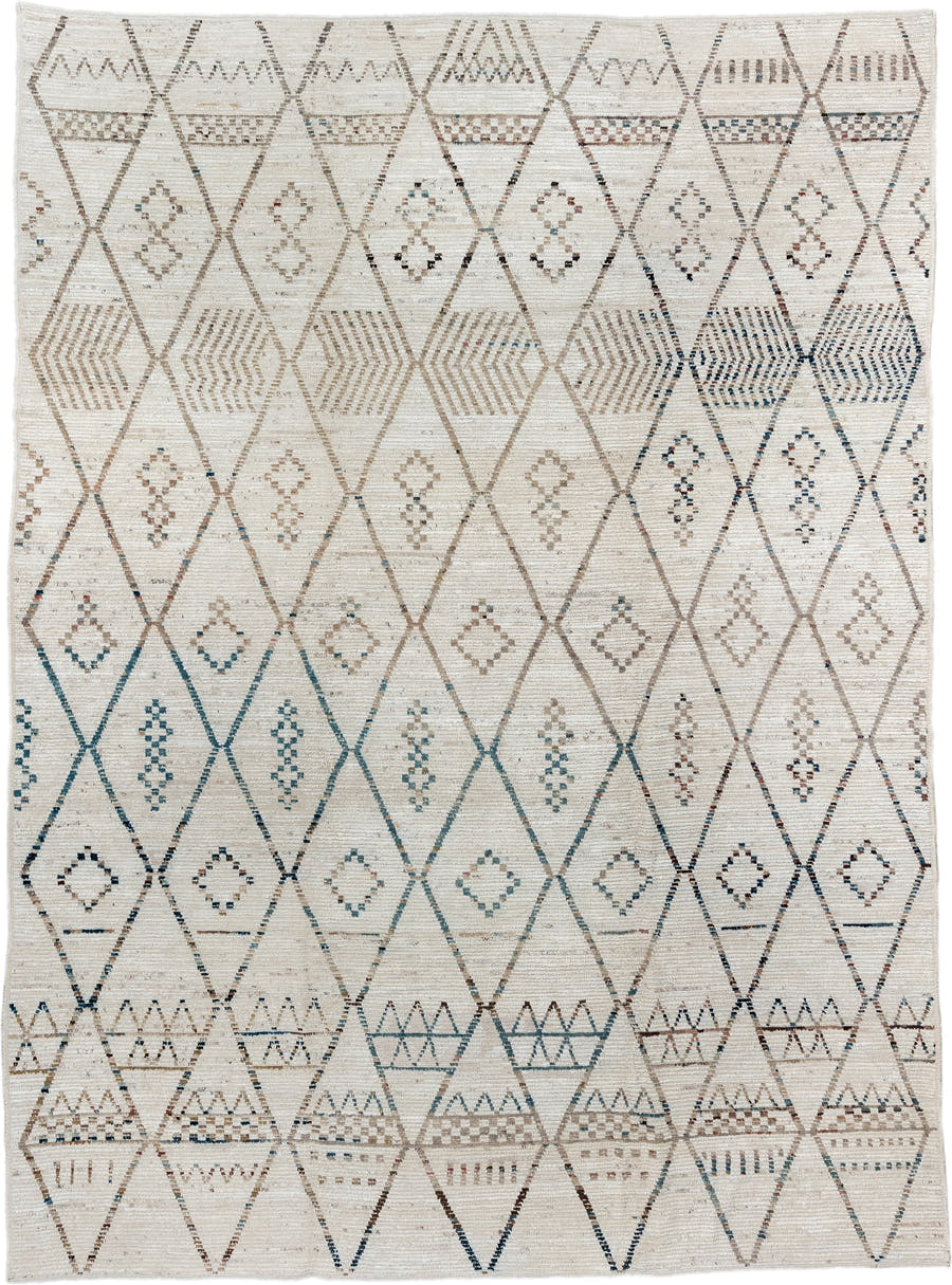 10' x 13' one-of-a-kind handmade vintage Tulu large size rug. Color palette: ivory, taupe, blue, beige, charcoal, brown