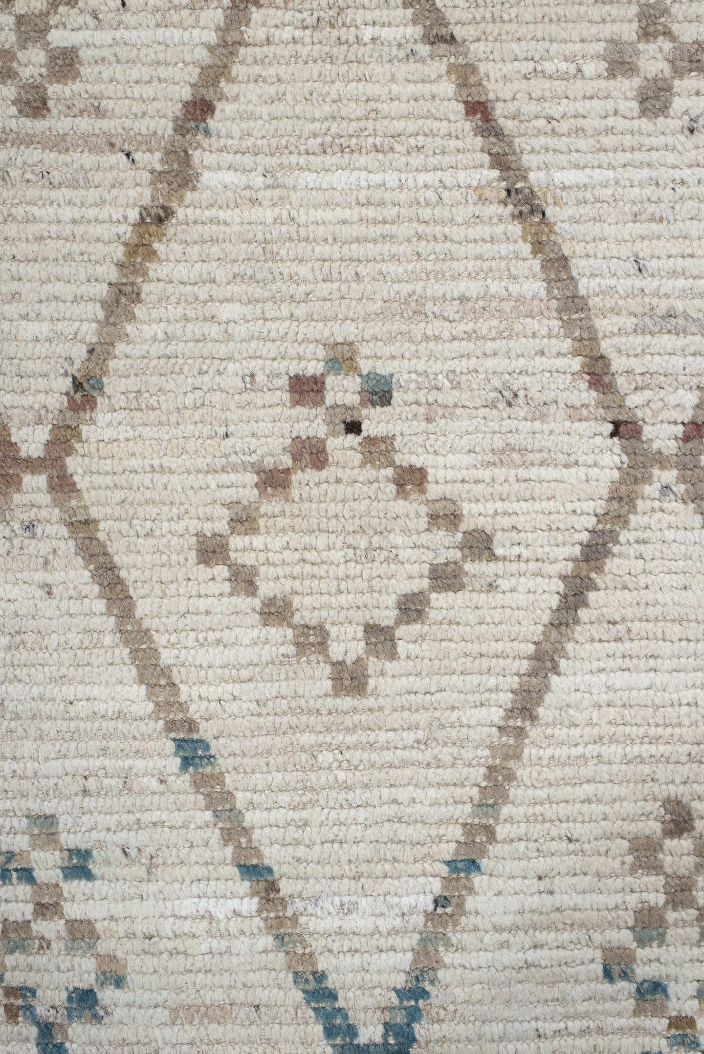 10' x 13' one-of-a-kind handmade vintage Tulu large size rug. Color palette: ivory, taupe, blue, beige, charcoal, brown