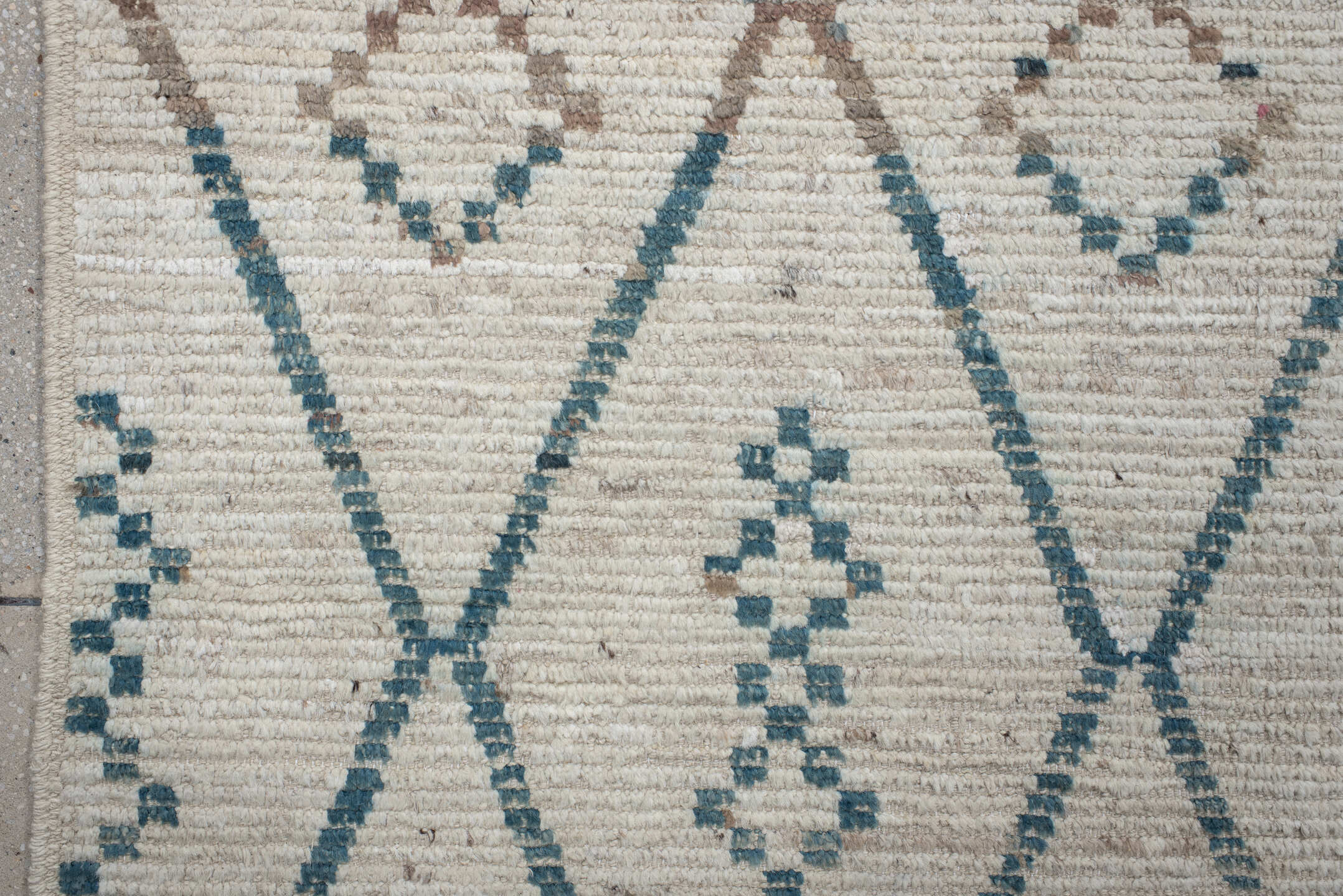 10' x 13' one-of-a-kind handmade vintage Tulu large size rug. Color palette: ivory, taupe, blue, beige, charcoal, brown