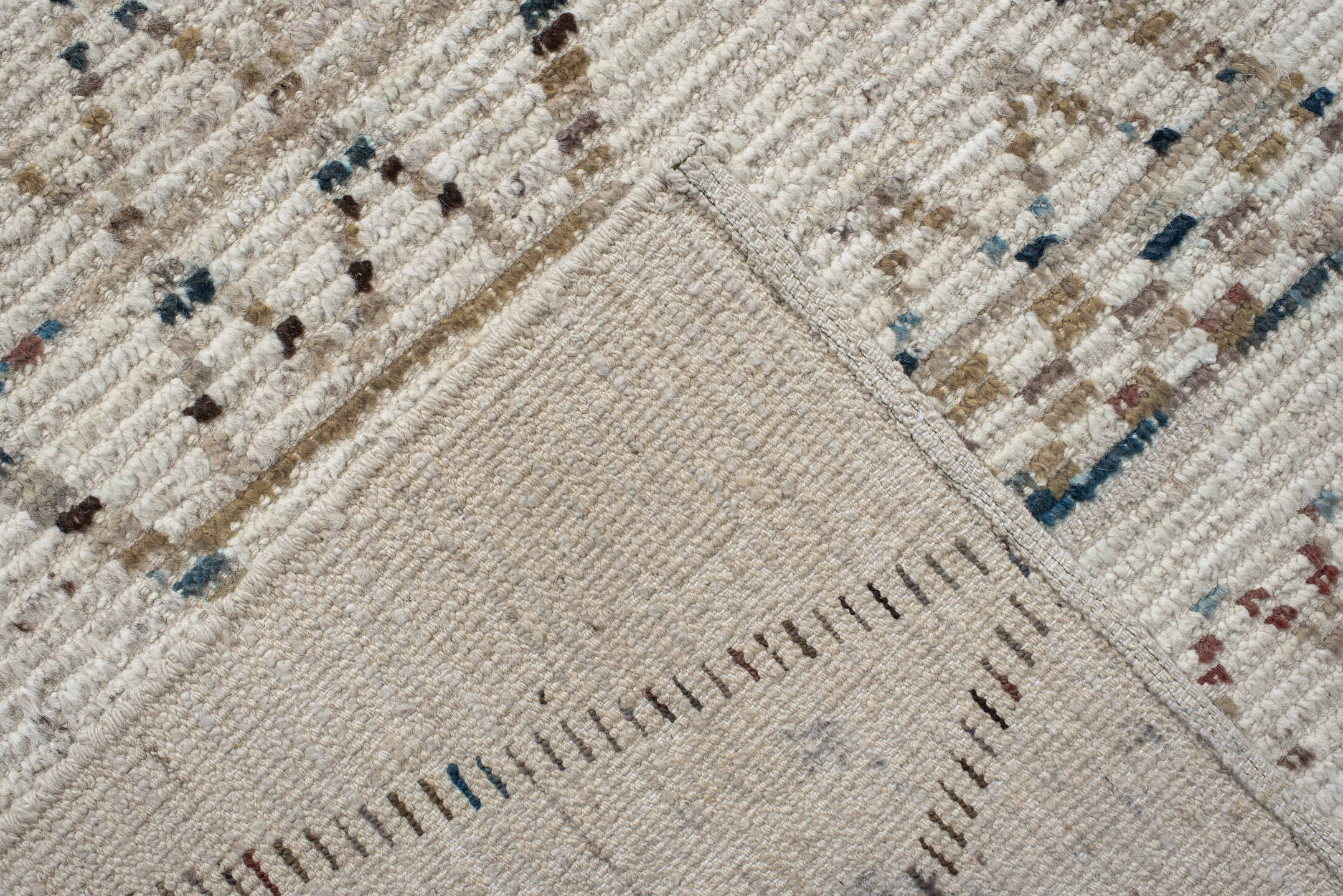 10' x 13' one-of-a-kind handmade vintage Tulu large size rug. Color palette: ivory, taupe, blue, beige, charcoal, brown