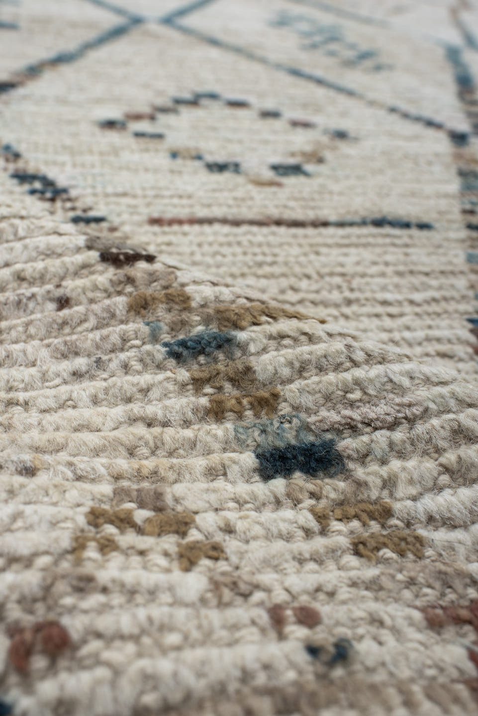 10' x 13' one-of-a-kind handmade vintage Tulu large size rug. Color palette: ivory, taupe, blue, beige, charcoal, brown