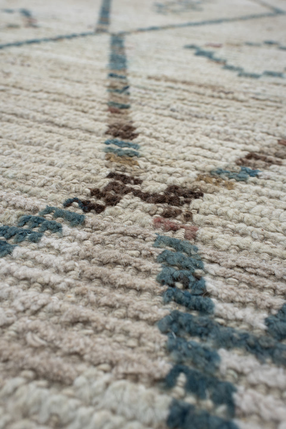 10' x 13' one-of-a-kind handmade vintage Tulu large size rug. Color palette: ivory, taupe, blue, beige, charcoal, brown