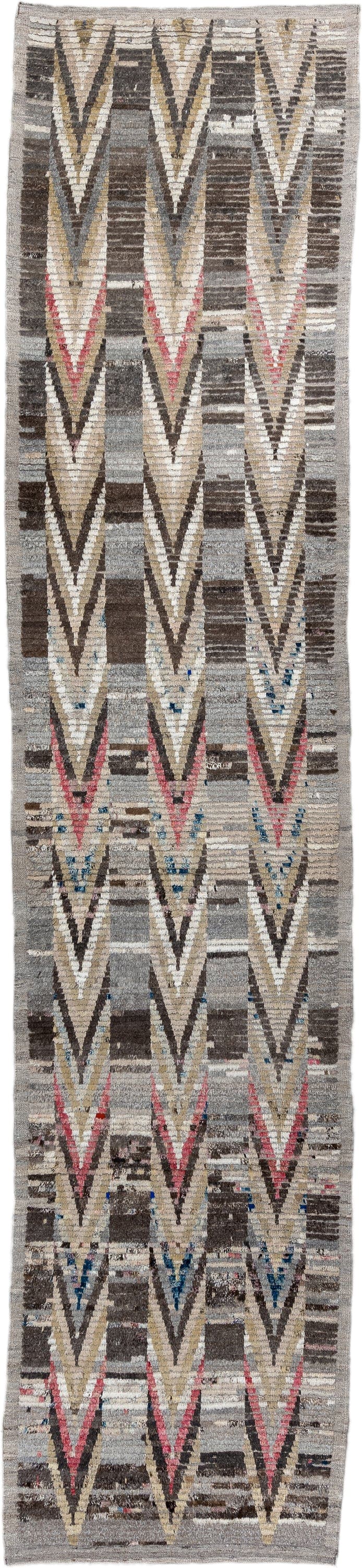 3' x 15' one-of-a-kind handmade vintage Tulu runner rug. Color palette: gray, ivory, charcoal, taupe, brown, rose, blue
