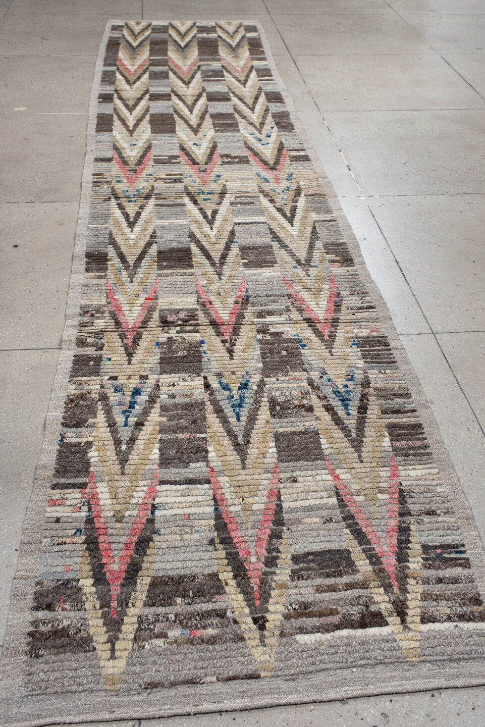 3' x 15' one-of-a-kind handmade vintage Tulu runner rug. Color palette: gray, ivory, charcoal, taupe, brown, rose, blue