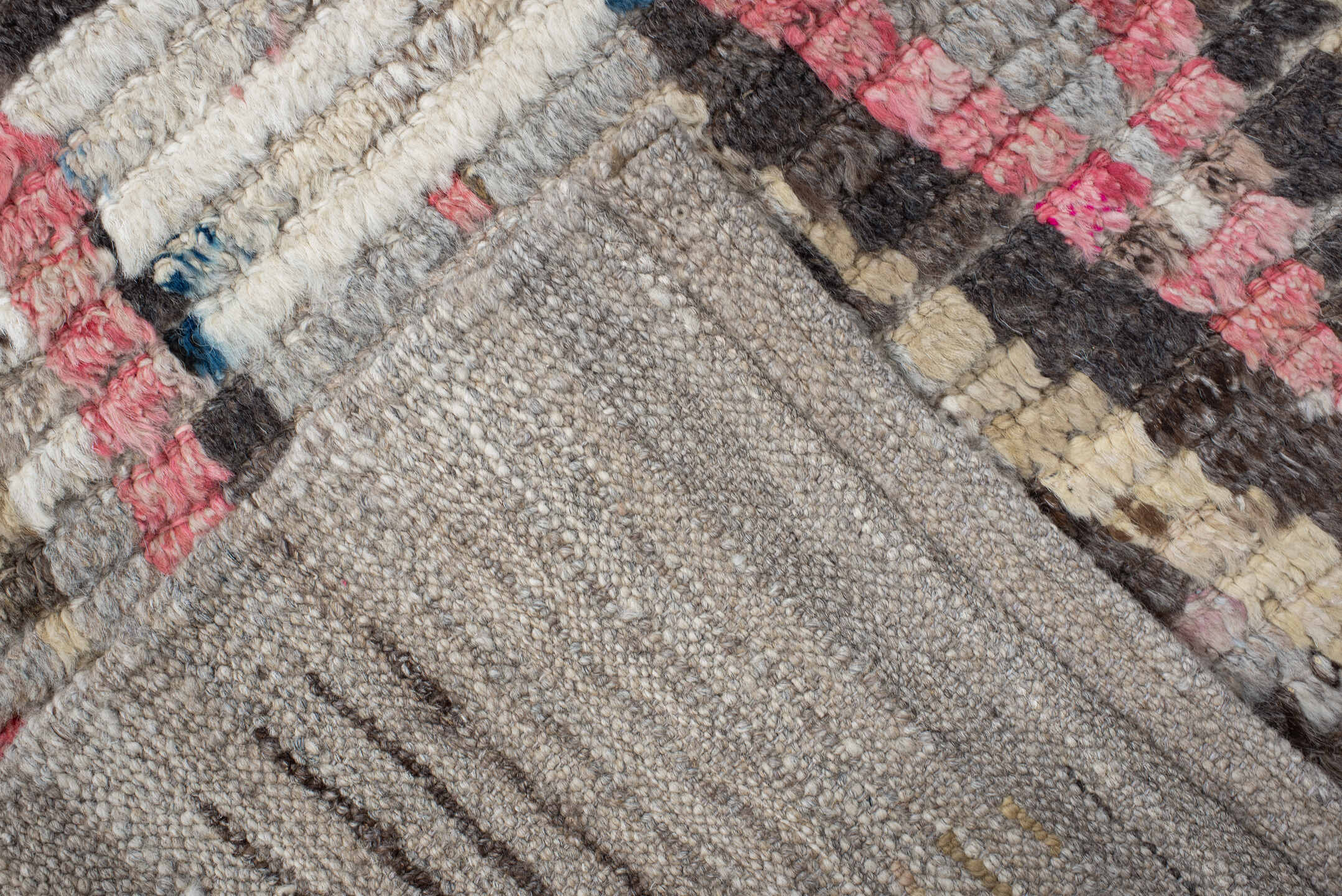 3' x 15' one-of-a-kind handmade vintage Tulu runner rug. Color palette: gray, ivory, charcoal, taupe, brown, rose, blue