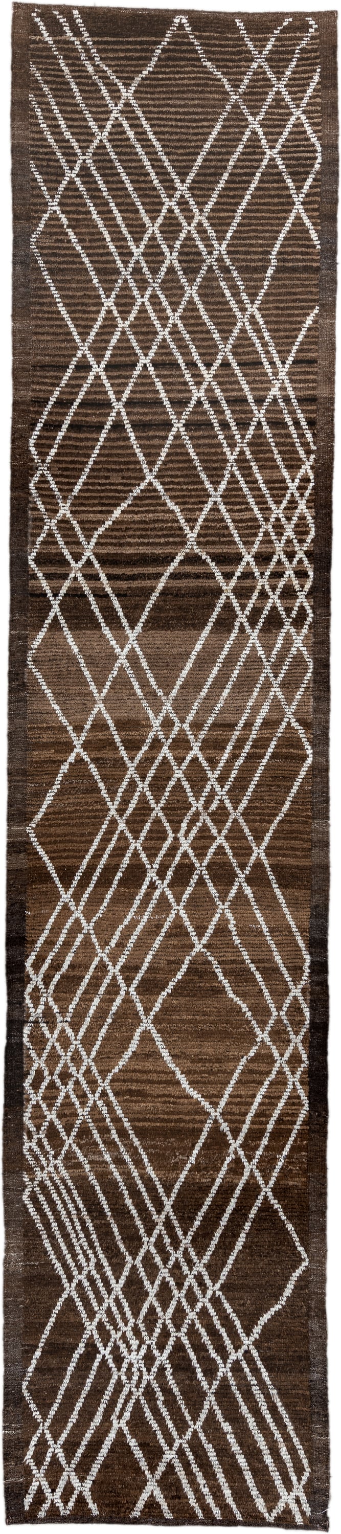 3' x 15' one-of-a-kind handmade vintage Tulu runner rug. Color palette: brown, ivory, taupe, charcoal, beige, gray, black